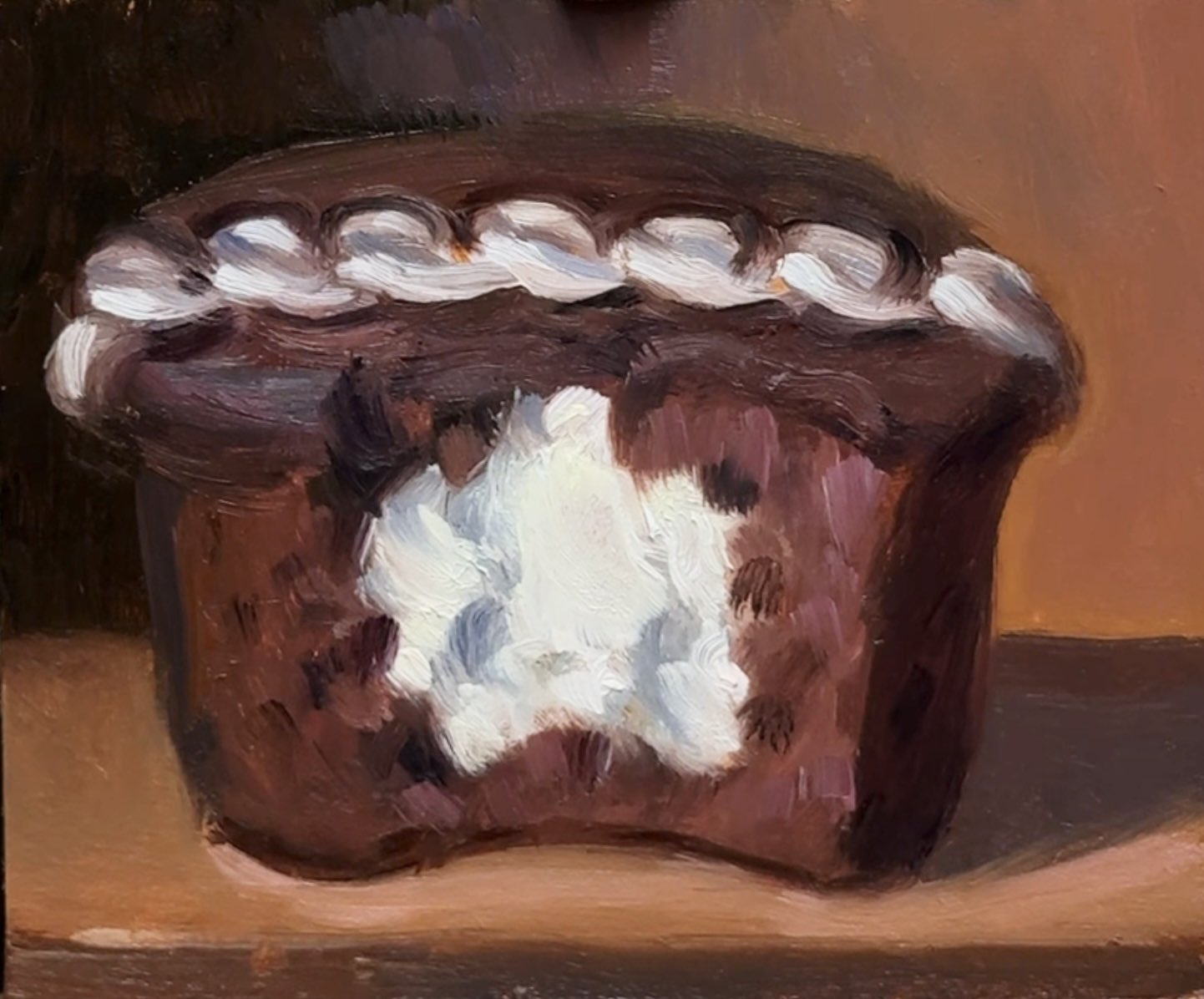 noah verrier, original, commentary, english commentary, oil painting (medium), painting (medium), traditional media, cream, cupcake, food, food focus, hostess (brand), no humans, pastry, still life