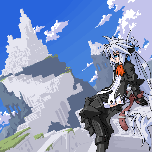 mof, mof's silver haired twintailed girl, original, silver hair, lowres, 1girl, armor, belt, blue eyes, boots, castle, female focus, gauntlets, long hair, nature, oekaki, outdoors, plant, sitting, sky, solo, twintails, very long hair