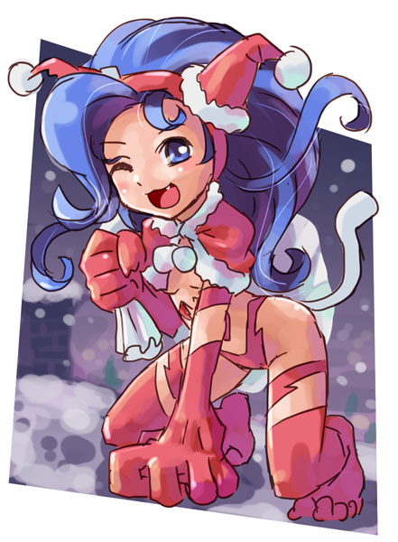 katahira masashi, felicia (darkstalkers), capcom, darkstalkers, 1girl, animal hands, big hair, blue eyes, blue hair, christmas, fang, female focus, full body, hairband, hat, matching hair/eyes, mini hat, mini santa hat, santa costume, santa hat, solo, tail