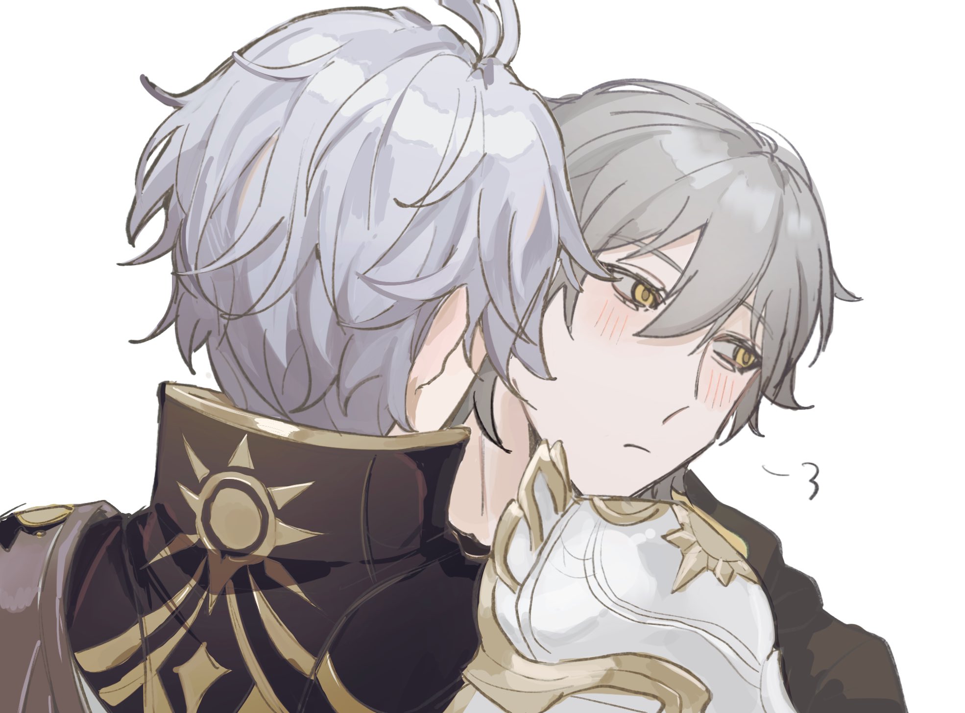nanuuuuuu73, caelus (honkai: star rail), phainon (honkai: star rail), trailblazer (honkai: star rail), honkai: star rail, honkai (series), commentary request, highres, 2boys, after kiss, antenna hair, armor, back, black coat, blush, closed mouth, coat, grey hair, hood, hooded coat, jacket, looking afar, male focus, multiple boys, short hair, shoulder armor, simple background, sun symbol, two-sided coat, two-sided fabric, upper body, white background, white jacket, yaoi, yellow coat, yellow eyes