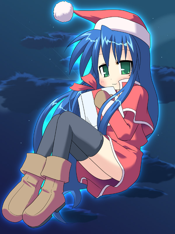 hujikok, izumi konata, lucky star, 00s, blue hair, christmas, gift, glowing, green eyes, long hair, santa costume, solo, thighhighs