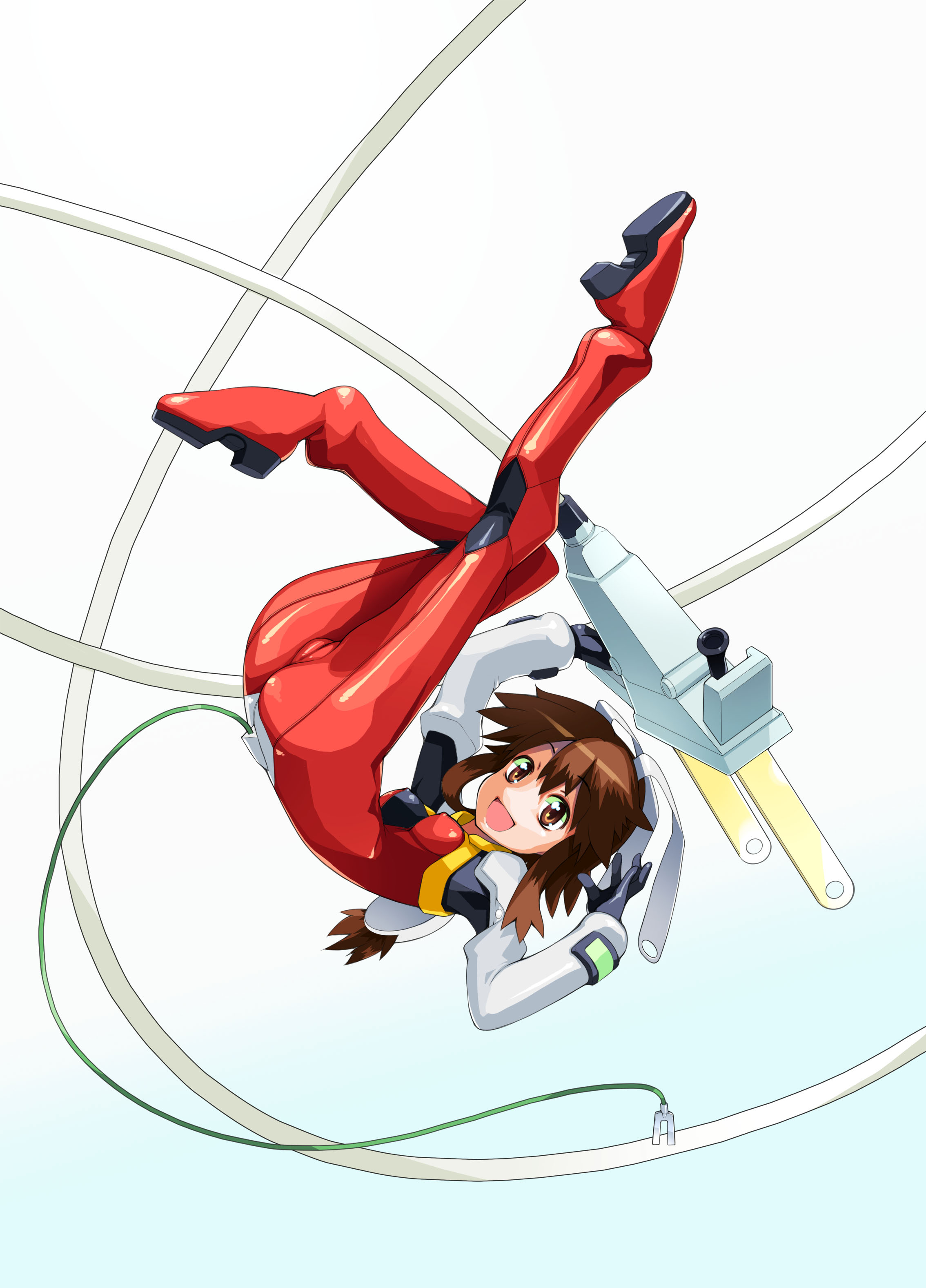 asaki takayuki, plug cryostat, fight ippatsu! juuden-chan!!, original, absurdres, highres, 00s, 1girl, bodysuit, female focus, latex, mecha pilot suit, plugsuit (evangelion), shiny clothes, simple background, solo