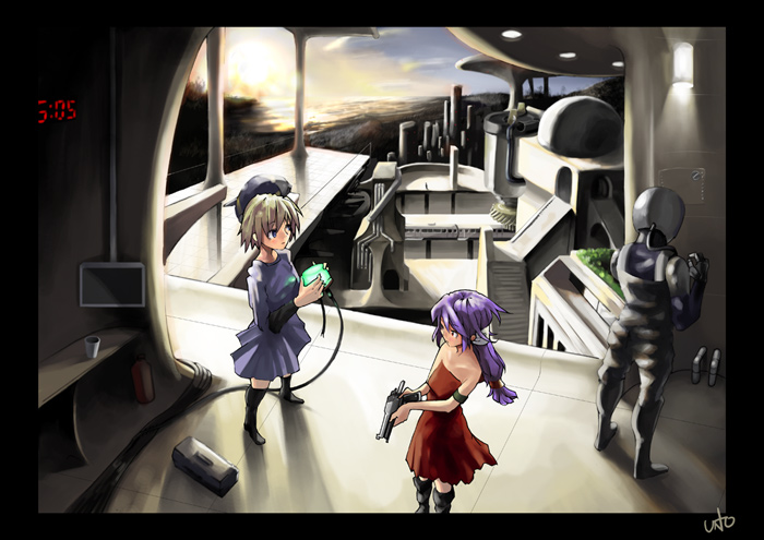 inemuri uno, original, gun, inemuriuno, long hair, low-tied long hair, purple hair, sunrise, weapon