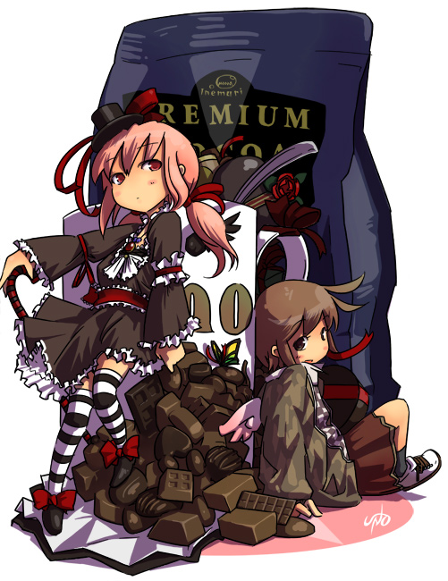 inemuri uno, original, striped legwear, 2girls, artist name, brown eyes, brown hair, candy, chocolate, chocolate heart, cup, food, heart, inemuriuno, mug, multiple girls, pink hair, red eyes, red hair, simple background, sitting, striped clothes, striped thighhighs, thighhighs, twintails, white background