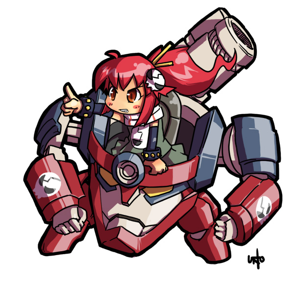 inemuri uno, lagann, yoko littner, tengen toppa gurren lagann, 00s, chibi, inemuriuno, mecha, orange eyes, red hair, robot, scarf, solo, super robot