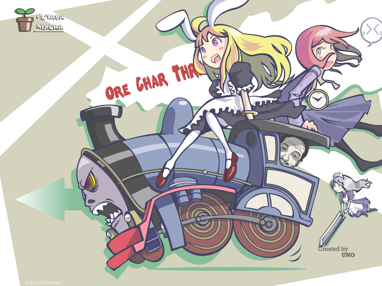 inemuri uno, edward the blue engine, thomas the tank engine, character request, highres, 3girls, animal ears, inemuriuno, locomotive, maid, multiple girls, pocket watch, rabbit ears, steam locomotive, train, watch