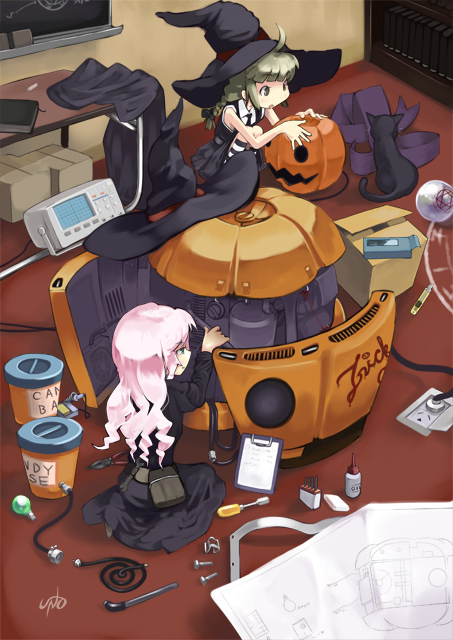 inemuri uno, original, 2girls, cable, cat, halloween, hat, inemuriuno, jack-o'-lantern, multiple girls, pink hair, pumpkin, screwdriver, witch hat