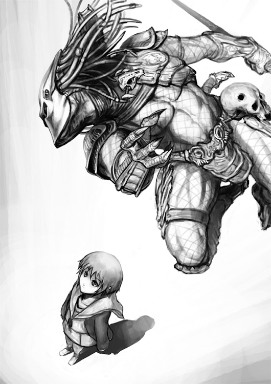 kometani hisanobu, nagato yuki, predator (character), alien (series), alien vs. predator, predator (1987), predator (series), suzumiya haruhi no yuuutsu, 1girl, alien vs predator, combistaff, crossover, greyscale, monochrome, parody, skull