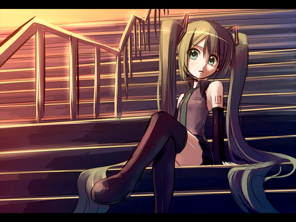 kakaon, kanchou serio, hatsune miku, vocaloid, 1girl, crossed legs, female focus, long hair, outdoors, sitting, sitting on stairs, sky, solo, stairs, thighhighs, twintails, very long hair, zettai ryouiki