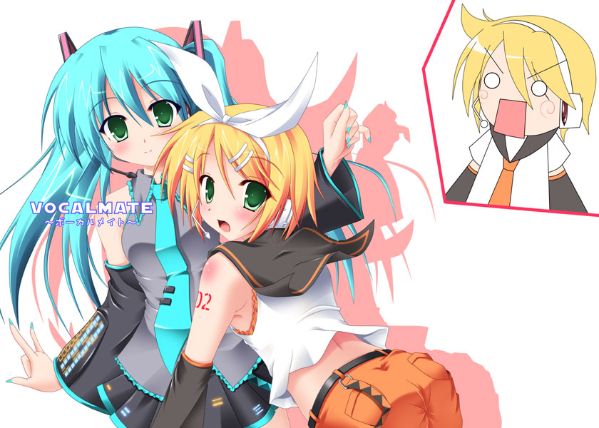 yoshiharu, hatsune miku, kagamine len, kagamine rin, vocaloid, 1boy, 2girls, arm warmers, bent over, blonde hair, blue hair, blue nails, chibi, chibi inset, green eyes, hairband, headphones, long hair, looking at viewer, looking back, microphone, multiple girls, nail polish, necktie, sailor collar, short hair, shorts, skirt, sleeveless, twintails, very long hair