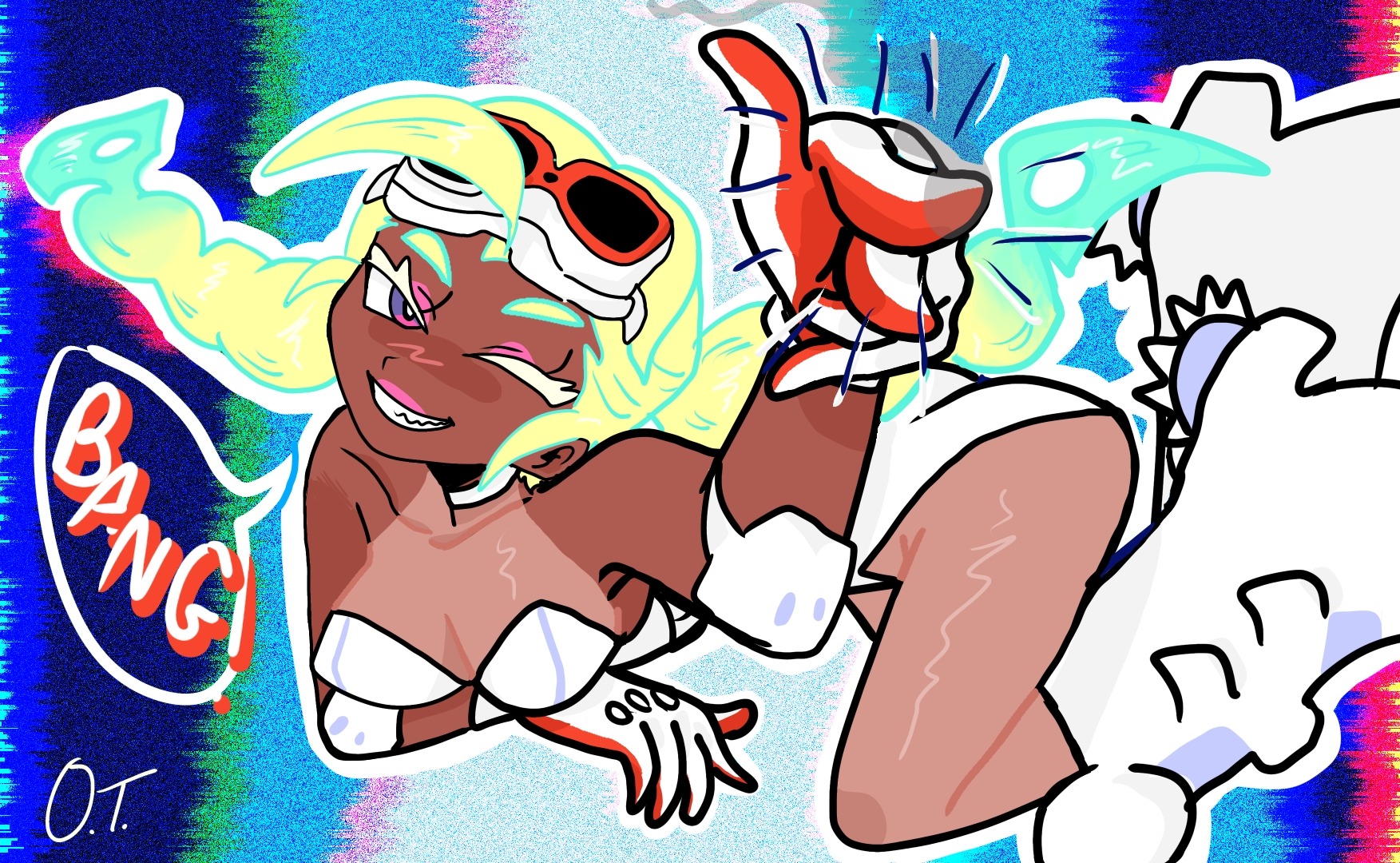 gunsmith bitch (psg), panty & stocking with garterbelt, highres, boots, braid, colored eyelashes, dark-skinned female, dark skin, elbow pads, eyewear on head, gloves, gradient hair, leotard, multicolored hair, one eye closed, pointing, speech bubble, synapsephase, twin braids, white boots, white eyelashes, white leotard