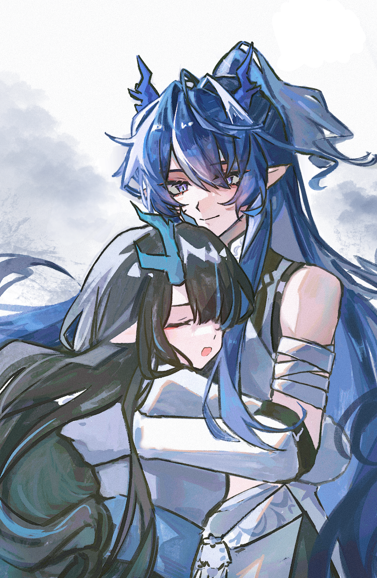 shang ge promax, dusk (arknights), ling (arknights), arknights, chinese commentary, commentary request, highres, 2girls, bandaged arm, bandages, bare shoulders, black hair, blue hair, closed eyes, closed mouth, dragon girl, dragon horns, elbow gloves, gloves, hair between eyes, horns, hug, long hair, multicolored hair, multiple girls, open mouth, pointy ears, purple eyes, siblings, sisters, sleeveless, smile, streaked hair, white gloves