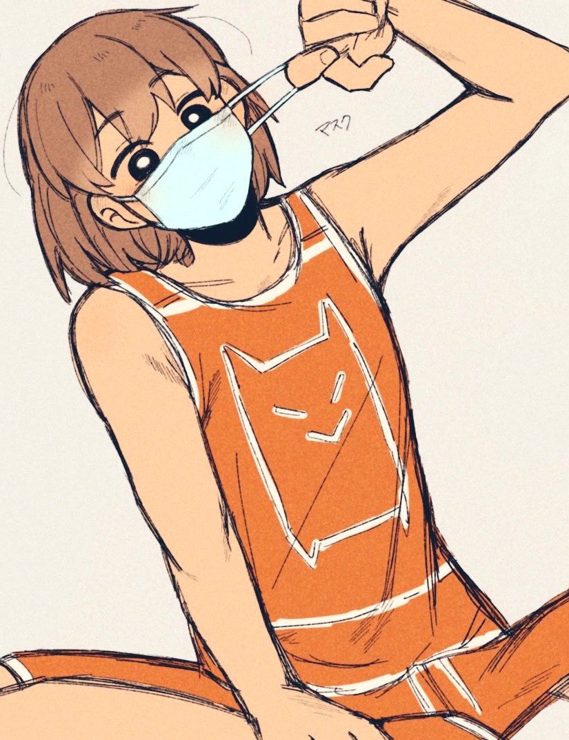 pasuta928008, kel (faraway) (omori), kel (omori), omori, commentary request, translation request, 1boy, adjusting mask, bare arms, bare shoulders, black eyes, black nails, blue mask, bright pupils, brown hair, collarbone, covered mouth, double-parted bangs, feet out of frame, grey background, hair behind ear, hair between eyes, hand on own ankle, hand up, indian style, male focus, mask, medium hair, mouth mask, no sclera, orange shoes, orange shorts, orange tank top, shoes, shorts, simple background, sitting, solo, tank top, white pupils