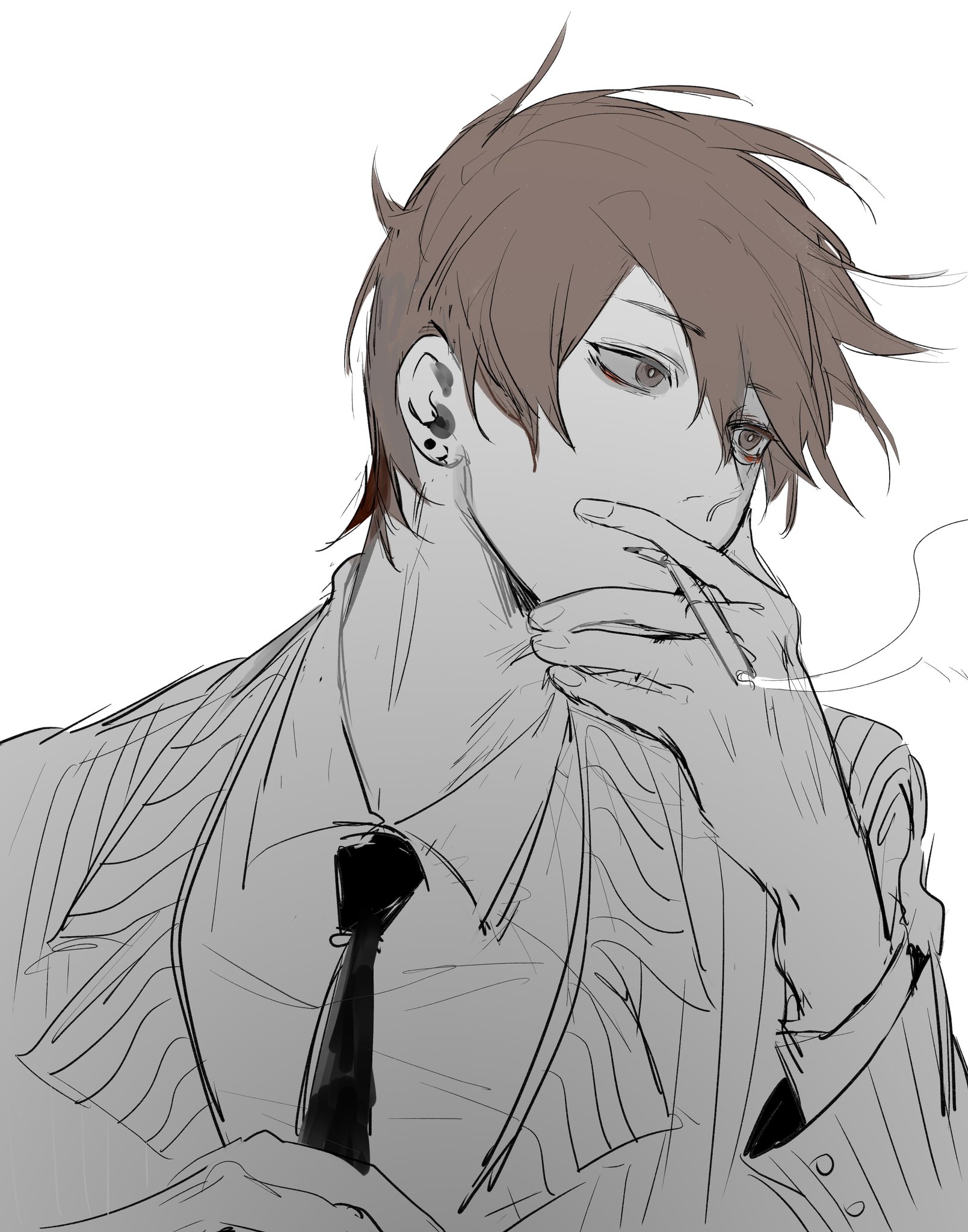 chuan, bossman hero, hero (headspace) (omori), hero (omori), omori, commentary, english commentary, highres, 1boy, brown hair, buttoned cuffs, buttons, cigarette, collared shirt, earrings, grey background, grey eyes, holding, holding cigarette, jacket, jewelry, lapels, layered sleeves, long sleeves, male focus, multiple earrings, notched lapels, parted hair, parted lips, piercing, pinstripe jacket, pinstripe pattern, shirt, short hair, simple background, sketch, smoke, smoke trail, smoking, solo, stud earrings, teeth, upper body, wing collar
