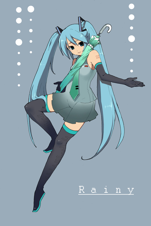 sazame, hatsune miku, vocaloid, 1girl, female focus, long hair, solo, thighhighs, twintails, umbrella, very long hair, zettai ryouiki