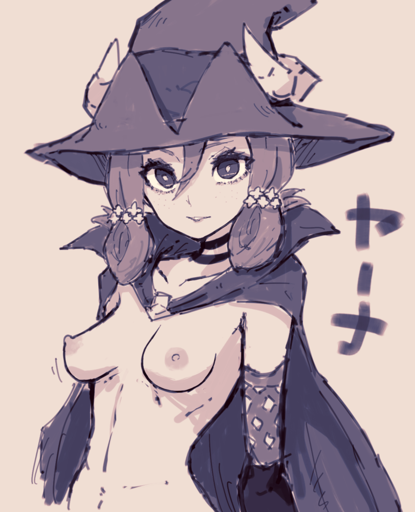 lamb-oic029, yahna (unicorn overlord), unicorn overlord, commentary request, translation request, 1girl, breasts, cape, cloak, elbow gloves, fake horns, freckles, gloves, hat, horns, long hair, looking at viewer, medium breasts, navel, nipples, nude, sketch, solo, witch hat