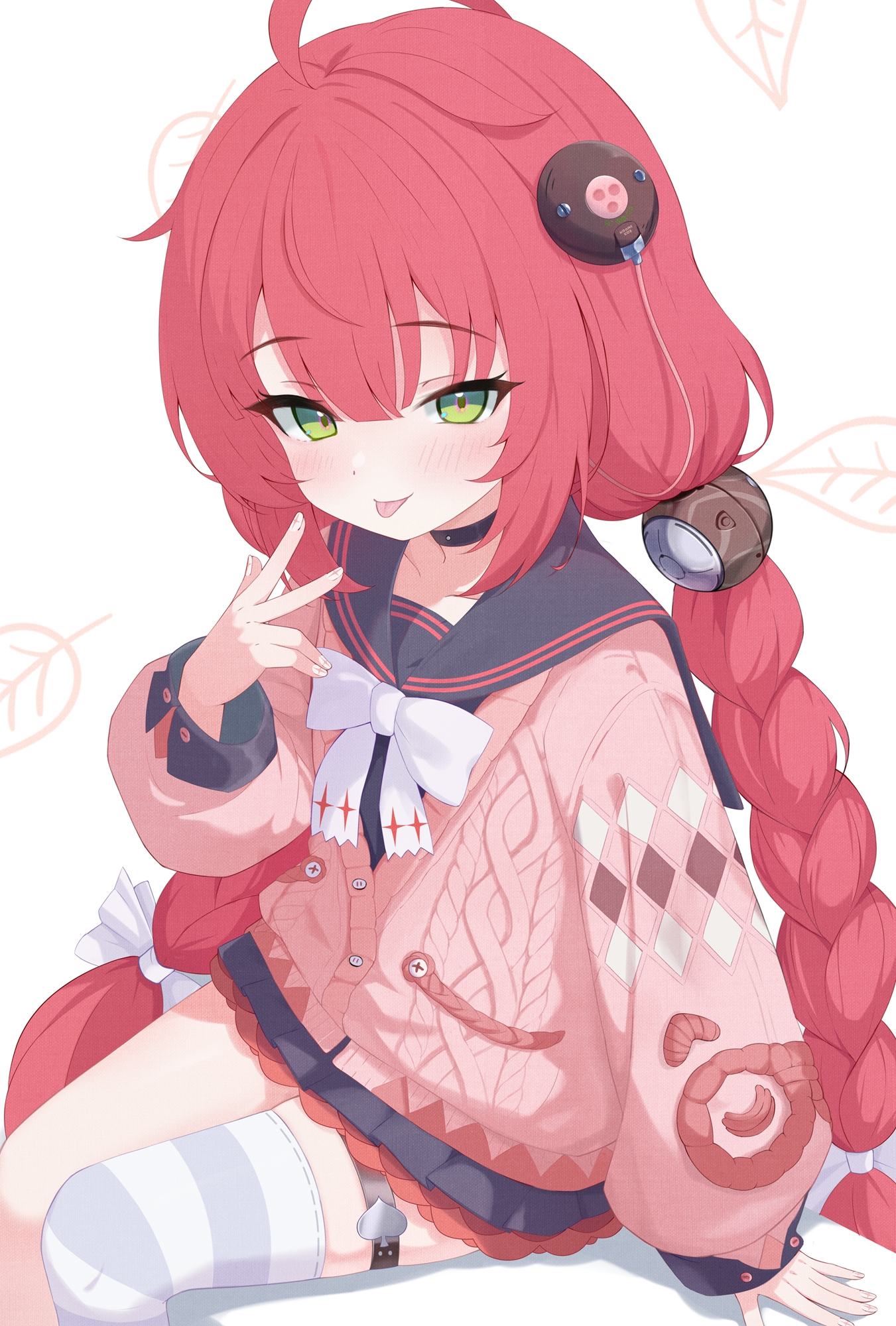 rokukarashi, ukinami yuzuha, zenless zone zero, highres, 1girl, ahoge, black choker, black sailor collar, black shirt, black skirt, blush, cardigan, choker, green eyes, long hair, low twintails, pink cardigan, red hair, sailor collar, shirt, skirt, solo, striped clothes, striped thighhighs, thigh strap, thighhighs, tongue, tongue out, twintails, v, very long hair, white thighhighs