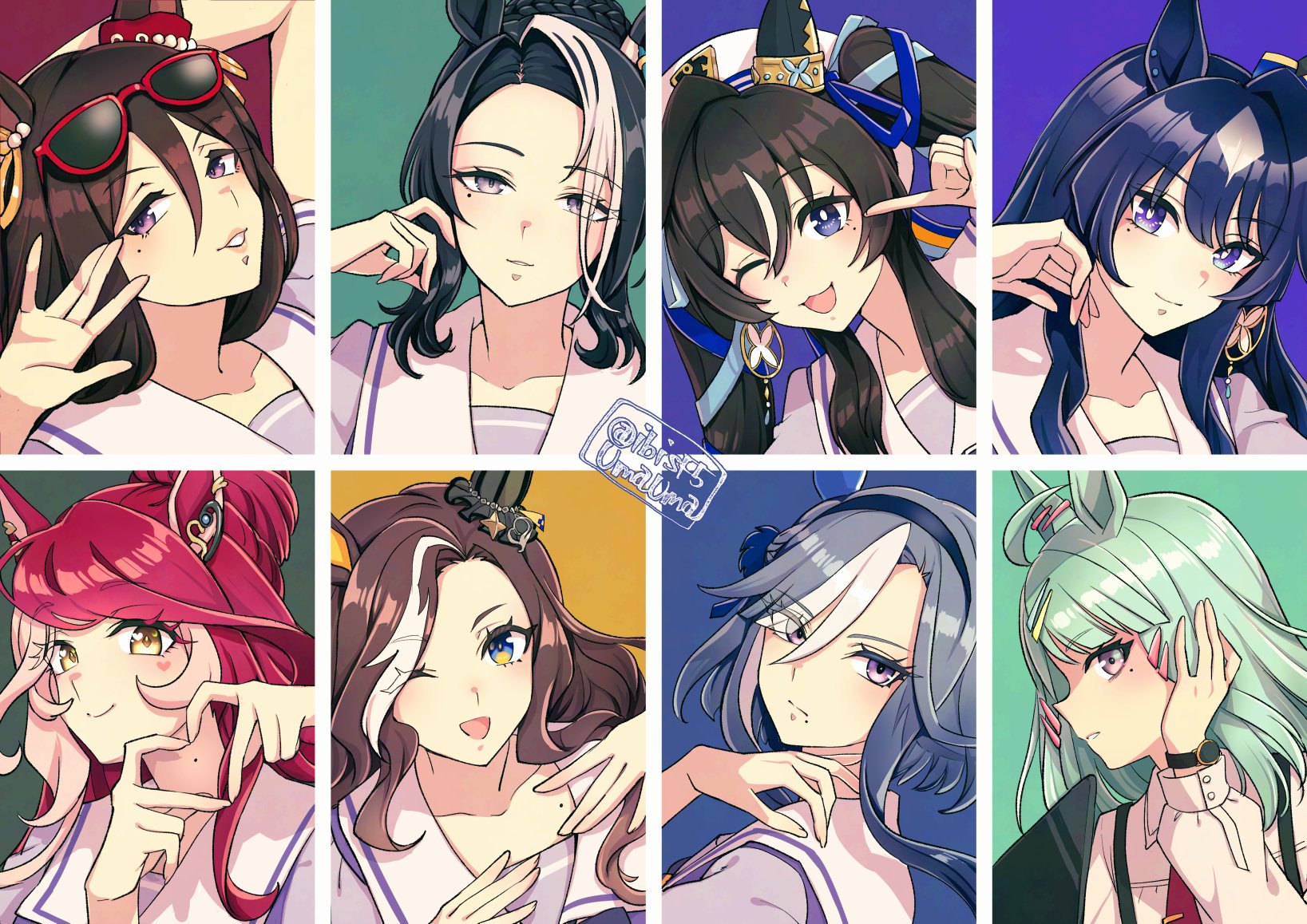hi (ibisf5umauma), daring heart (umamusume), loves only you (umamusume), mejiro ramonu (umamusume), seeking the pearl (umamusume), sugar lights (umamusume), verxina (umamusume), vivlos (umamusume), umamusume, adversarial noise, commentary, english commentary, highres, 6+girls, admire groove (umamusume), ahoge, animal ears, arm up, black hair, blue eyes, blue hair, brown hair, closed mouth, collarbone, ear covers, ear ornament, eyewear on head, green hair, grey eyes, hair between eyes, hair bun, hair ornament, hair over one eye, hair ribbon, hairband, hairclip, hands up, hat, heart, heart hands, heart in eye, horse ears, index finger raised, long hair, looking at viewer, mole, mole on collarbone, mole on neck, mole under eye, multicolored hair, multiple girls, multiple views, one eye closed, open mouth, parted lips, portrait, purple eyes, purple shirt, red hair, ribbon, sailor collar, school uniform, shirt, short hair, sideways glance, streaked hair, sunglasses, symbol in eye, tracen school uniform, twintails, twitter username, watch, watermark, white hat, wristwatch, yellow eyes