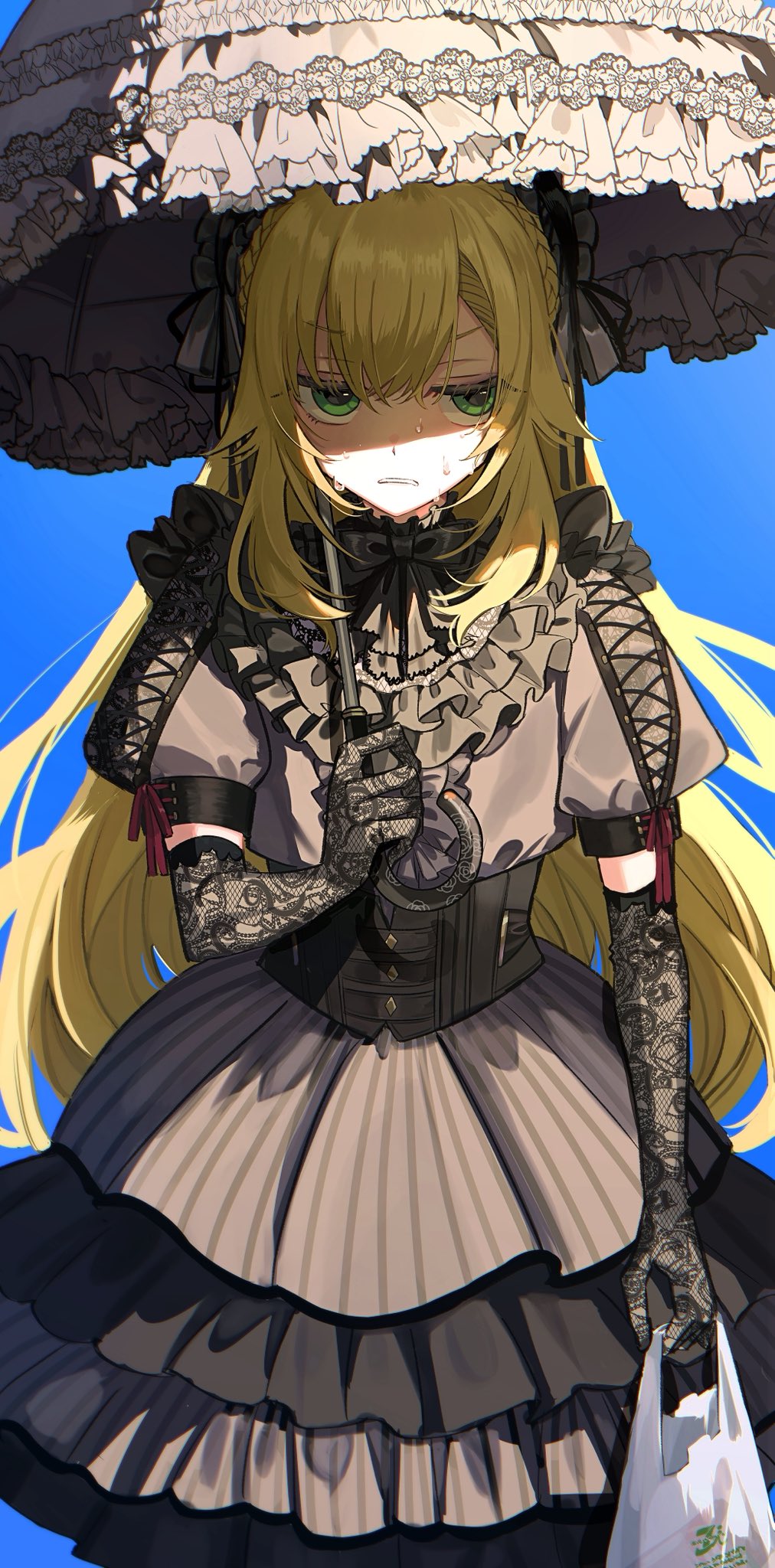 yoe777ty, uzuki kou, nijisanji, highres, 1boy, black bow, black bowtie, black corset, black dress, black gloves, black hairband, black umbrella, blonde hair, blue background, bow, bowtie, braid, corset, crossdressing, crossdressing (mtf), crown braid, dress, elbow gloves, frilled dress, frilled hairband, frilled umbrella, frills, gloves, green eyes, hairband, holding, holding umbrella, lace, lace gloves, long hair, male focus, official alternate costume, puffy short sleeves, puffy sleeves, short sleeves, simple background, solo, sweat, trap, umbrella, virtual youtuber