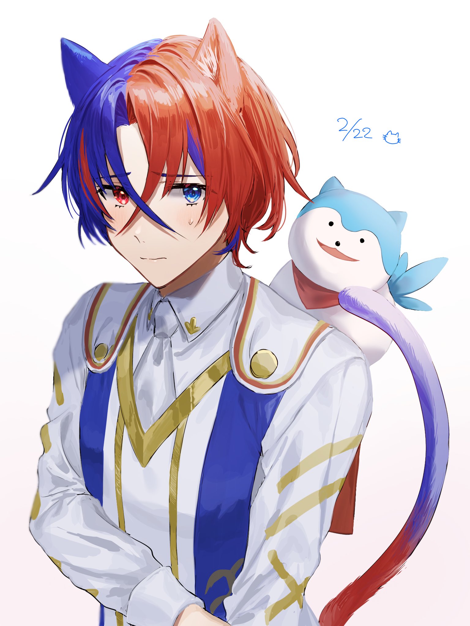 tomo shirasu, male alear (fire emblem), sommie (fire emblem), fire emblem, fire emblem engage, nintendo, highres, 1boy, 1other, animal ears, bandana, bandana around neck, blue eyes, blue fur, blue hair, cat boy, cat ears, cat tail, crossed bangs, heterochromia, male focus, multicolored hair, prince, red bandana, red eyes, red hair, solo, split-color hair, tail, two-tone fur, two-tone hair, white fur