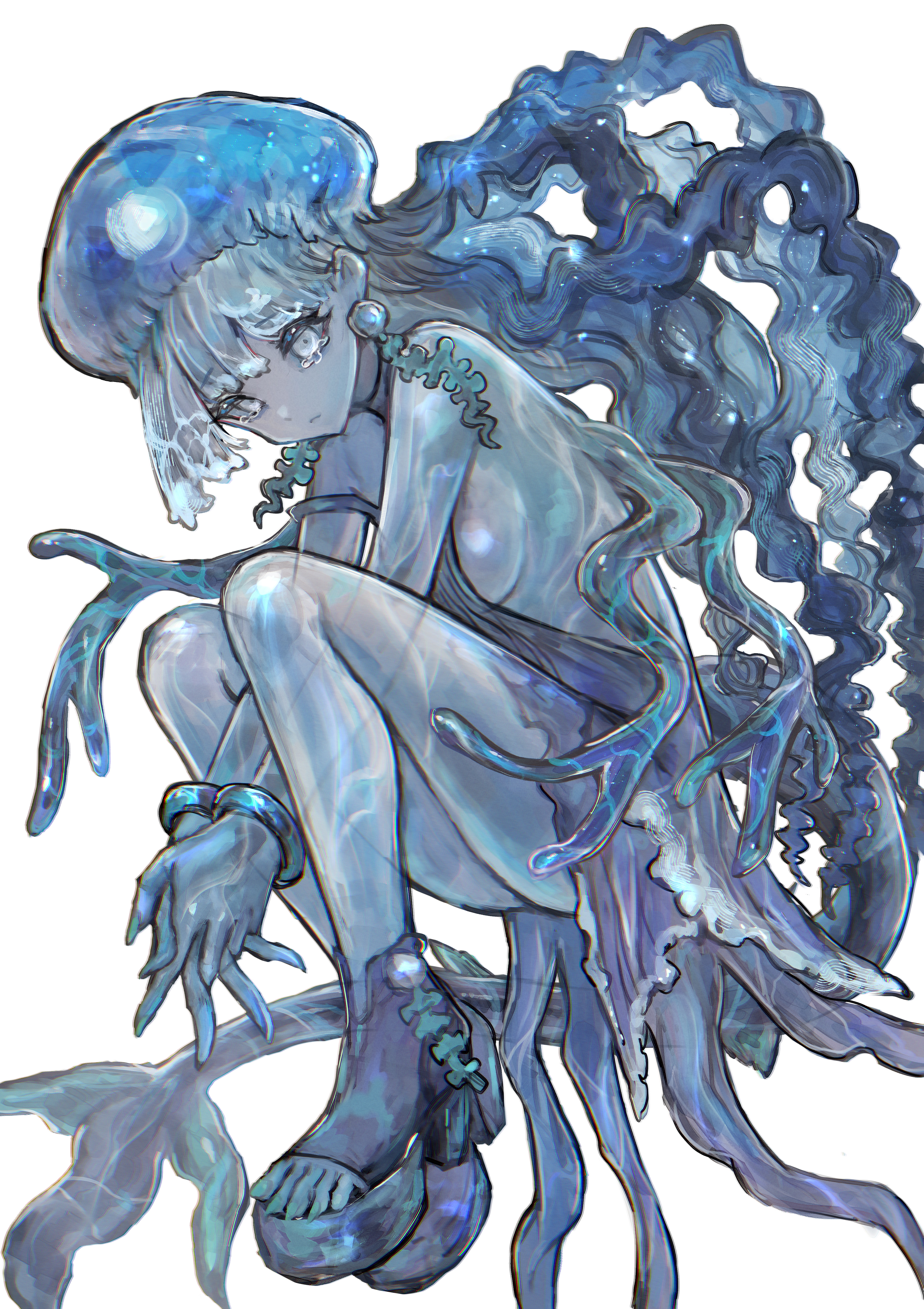 sabamiso taro, maris (elden ring), elden ring, elden ring nightreign, absurdres, commentary request, highres, 1girl, aqua nails, aqua skin, arms between legs, bare shoulders, blue dress, blue skin, bracelet, breasts, colored skin, crying, crying with eyes open, dress, earrings, expressionless, floating, gradient hair, grey eyes, grey hair, grey skin, interlocked fingers, jellyfish, jewelry, knees up, looking at viewer, medium breasts, monster, multicolored hair, multicolored skin, open-toe shoes, personification, platform shoes, see-through body, sideboob, solo, sphere earrings, star (sky), tail, tears, tentacle hair, tentacles, toenails, white background