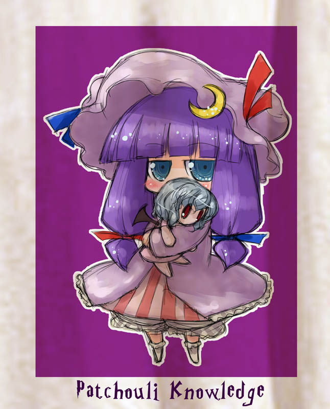 tao, tao (kadoya), patchouli knowledge, remilia scarlet, touhou, silver hair, 1girl, character doll, character name, chibi, crescent, crescent moon, doll, female focus, hat, hugging doll, hugging object, jitome, moon, purple hair, sketch, solo