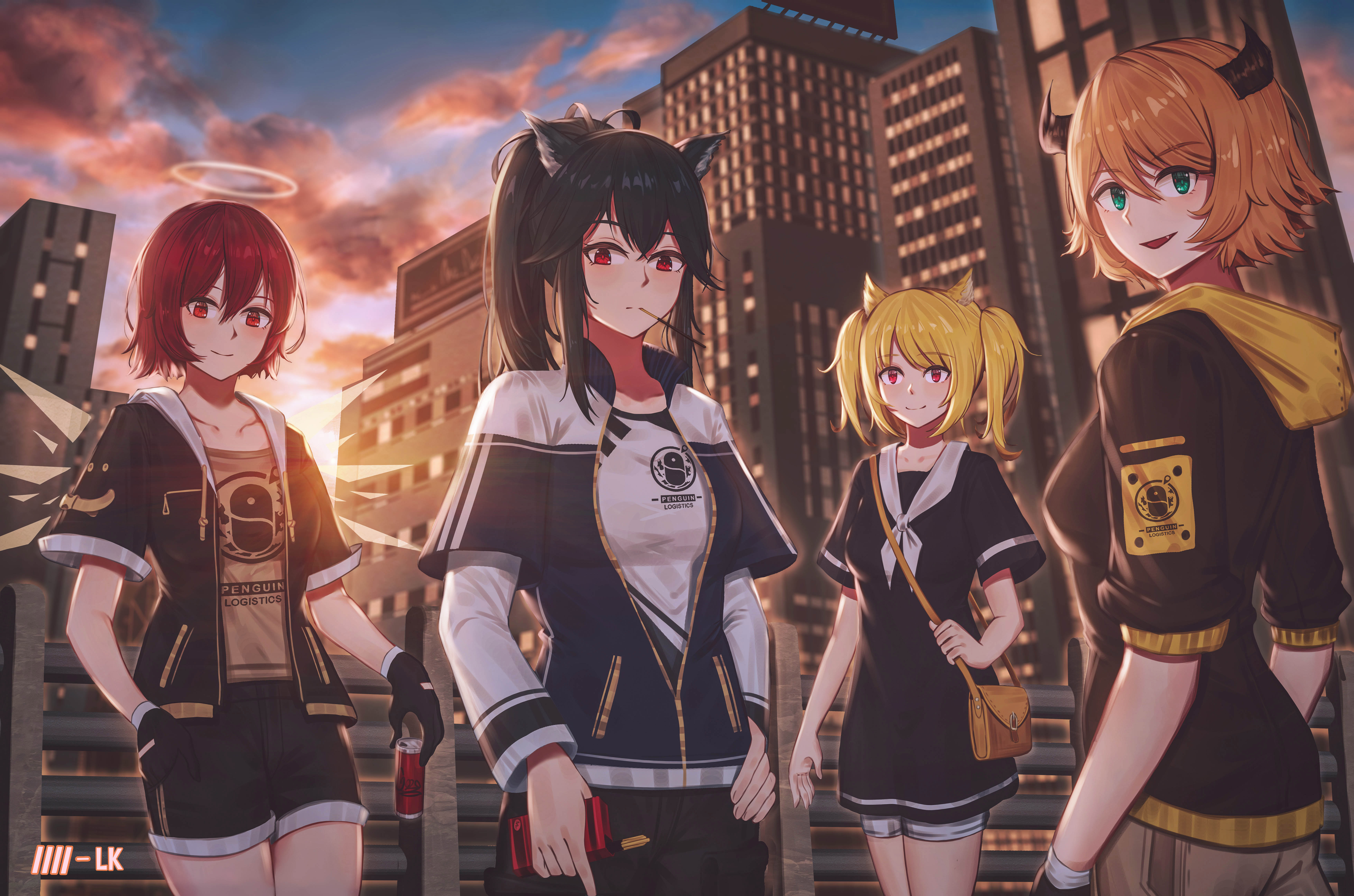 sflr, croissant (arknights), exusiai (arknights), sora (arknights), texas (arknights), arknights, absurdres, chinese commentary, commentary request, highres, 4girls, animal ear fluff, animal ears, bag, black dress, black gloves, black horns, black jacket, black shorts, blonde hair, brown hair, building, can, city, closed mouth, clothes writing, cowboy shot, day, dress, drink, drink can, fang, food, food in mouth, gloves, green eyes, group picture, hair between eyes, hand on own hip, handbag, holding, holding can, holding drink, holding strap, hood, hood down, hooded jacket, horns, jacket, layered sleeves, long sleeves, looking at viewer, mouth hold, multiple girls, open clothes, open jacket, open mouth, outdoors, partially unzipped, penguin logistics (arknights), penguin logistics logo, pocky, pocky in mouth, ponytail, red eyes, red hair, shirt, short hair, short over long sleeves, short sleeves, shorts, skyscraper, smile, standing, sunlight, t-shirt, twintails, white shirt, wolf ears, wolf girl, yellow hood, yellow shirt