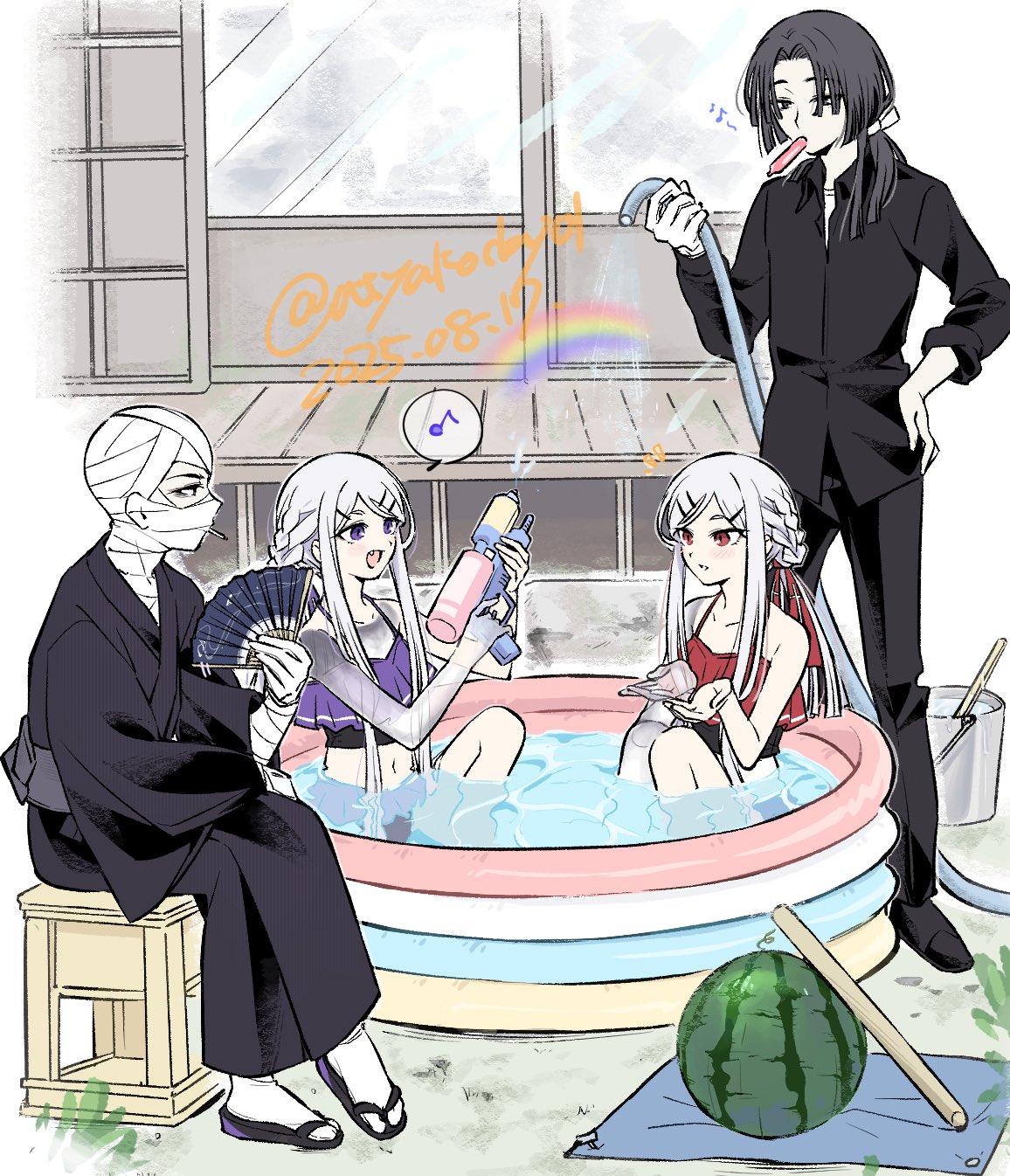 atyakodayo1, commentary request, highres, 2boys, 2girls, alternate costume, bandaged arm, bandaged head, bandages, bikini, black hair, black kimono, black pants, black shirt, bucket, cigarette, cupping hands, dated, day, fang, food, frilled bikini, frills, fruit, full body, geminism, hair over shoulder, hand fan, hand on own hip, hirosoma kikyou, hirosoma shinku, holding, holding fan, holding hose, holding water gun, hose, japanese clothes, kimono, long hair, looking at another, low ponytail, mouth hold, multiple boys, multiple girls, musical note, on stool, outdoors, own hands together, pants, partially submerged, ponytail, purple bikini, purple eyes, rainbow, red bikini, red eyes, sandals, see-through body, shirt, sitting, smile, smoking, spoken musical note, standing, swimsuit, tsukishiro tsukishiro, tupet, twitter username, veranda, wading pool, water, water gun, watermelon, yamaga awasumi, yukata