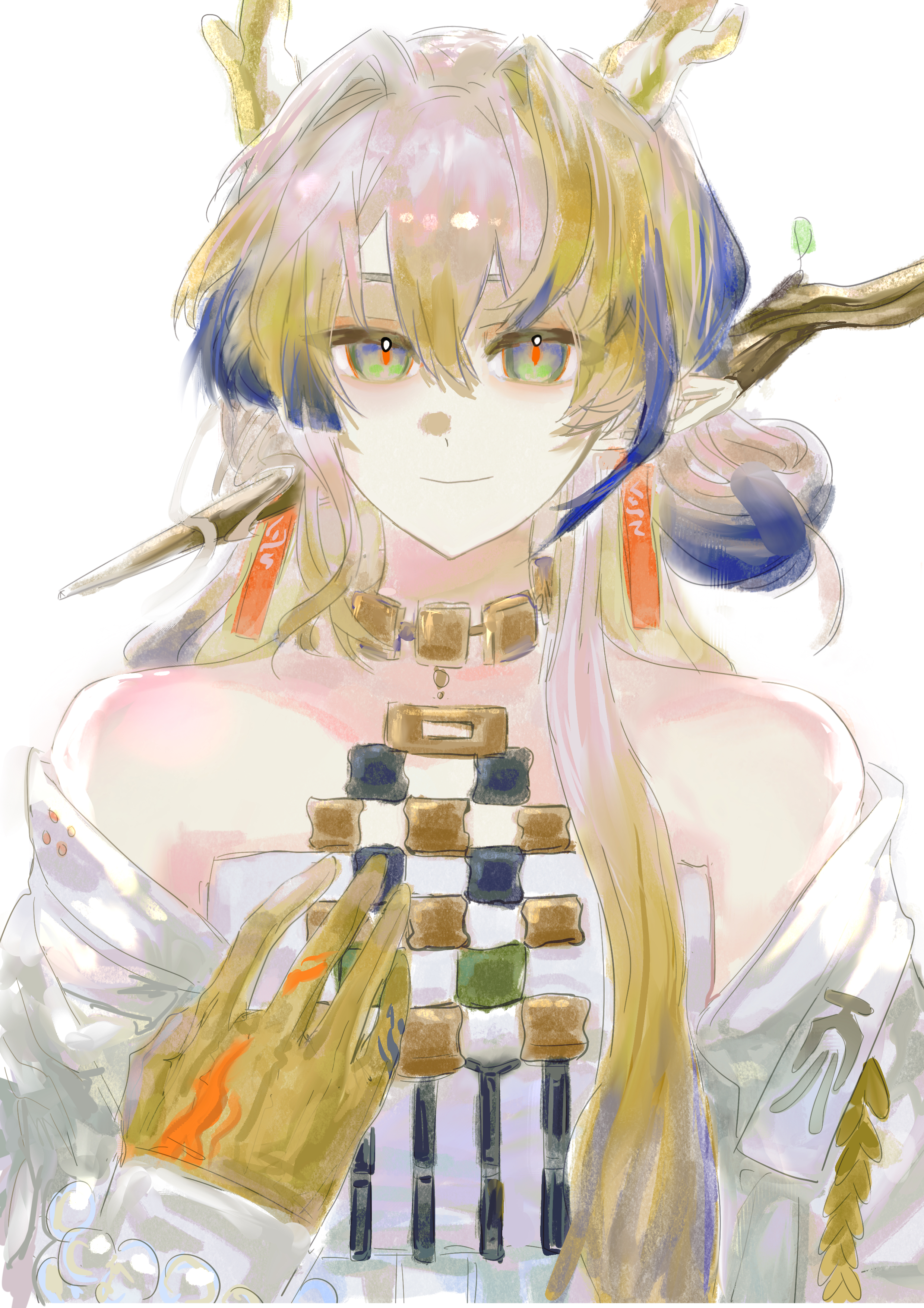 huali (huali28975), shu (arknights), arknights, absurdres, chinese commentary, commentary request, highres, partial commentary, 1girl, bare shoulders, blonde hair, blue hair, closed mouth, colored extremities, dragon girl, dragon horns, green eyes, grey hair, hair between eyes, hand on own chest, horns, jacket, jewelry, long hair, looking at viewer, multicolored hair, necklace, off shoulder, orange pupils, pointy ears, simple background, sketch, smile, solo, strapless, tube top, upper body, white background, white jacket, white tube top