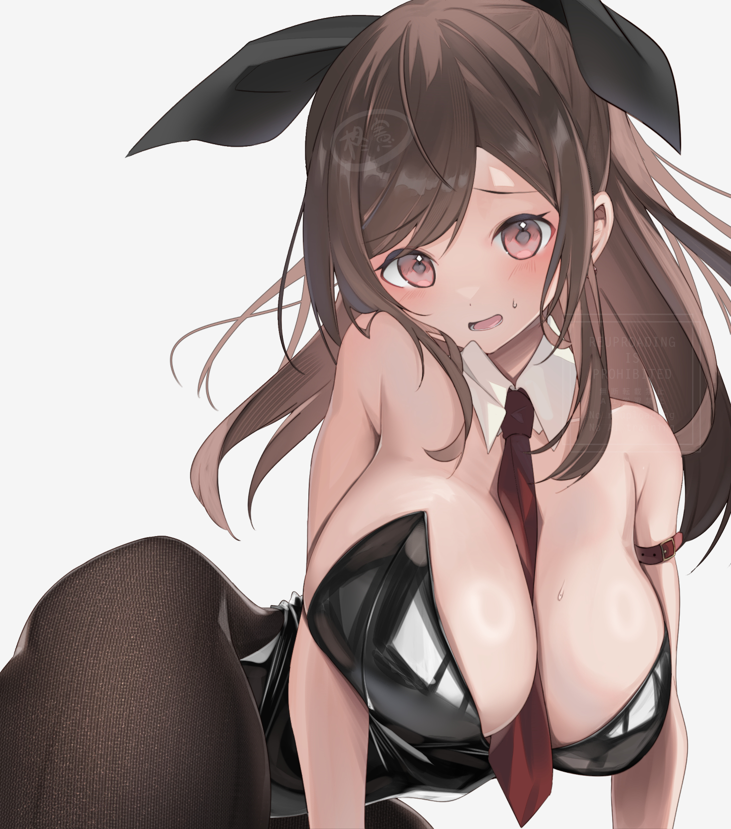 hiiragi ken, tsukioka kogane, idolmaster, idolmaster shiny colors, highres, 1girl, alternate costume, animal ear hairband, animal ears, armpit crease, between breasts, black leotard, black pantyhose, blush, breasts, brown hair, detached collar, fake animal ears, hairband, huge breasts, leotard, long hair, looking at viewer, necktie, necktie between breasts, pantyhose, playboy bunny, ponytail, rabbit ear hairband, rabbit ears, red necktie, simple background, solo, strapless, strapless leotard, sweatdrop, white background