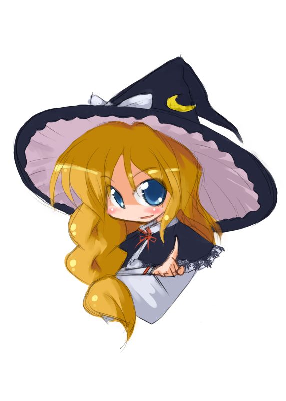 tao, tao (kadoya), kirisame marisa, touhou, 1girl, :d, blonde hair, blue eyes, bow, braid, capelet, crescent, female focus, hat, hat bow, index finger raised, looking at viewer, open mouth, smile, solo, white background, witch hat