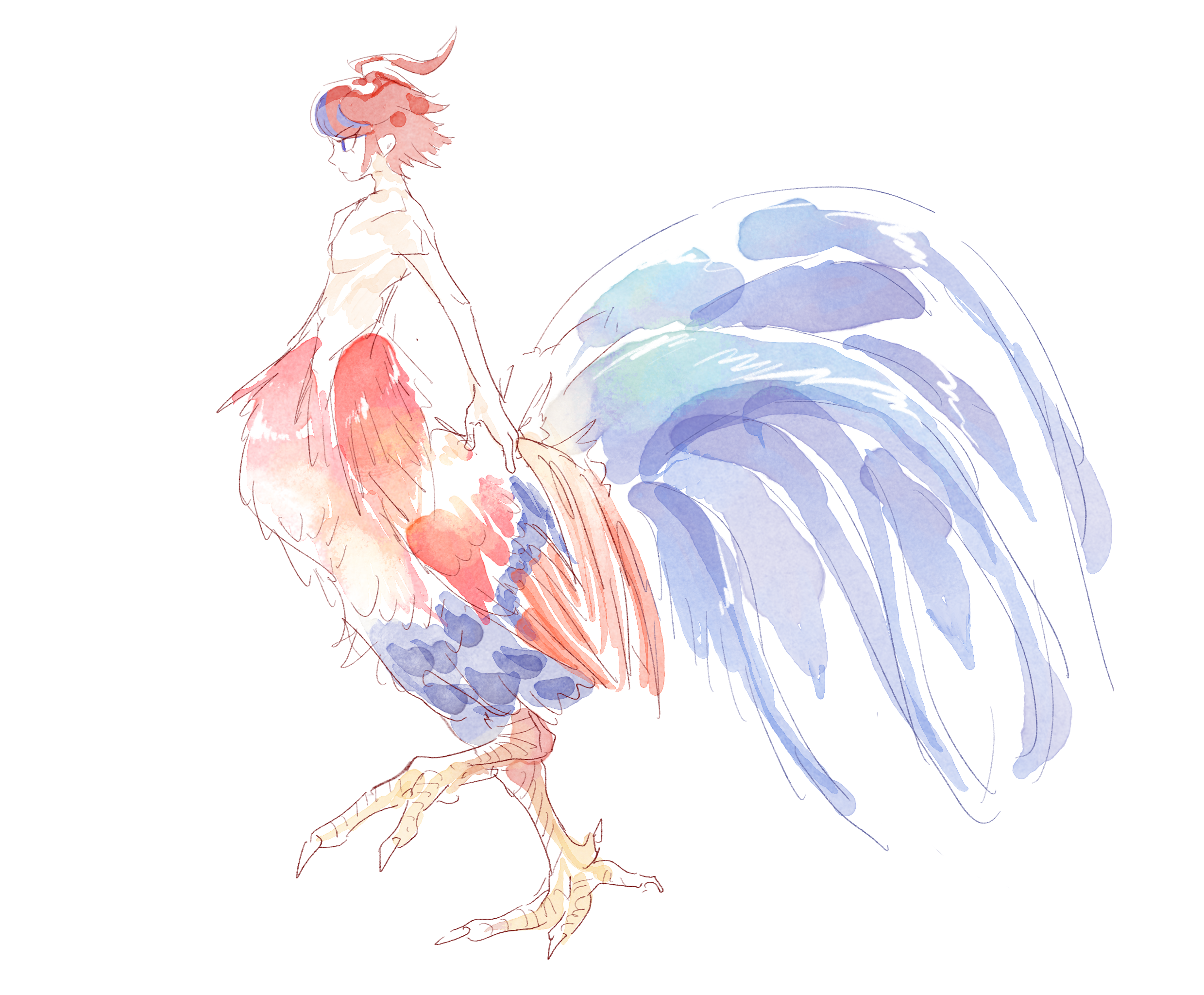 sumino takumi, the hundred line -last defense academy-, highres, 1boy, ahoge, black streaks, blue eyes, feathered wings, feathers, from side, looking ahead, male focus, multicolored hair, no shirt, red hair, rooster tail, short hair, simpface, streaked hair, taur, watercolor effect, white background, wings