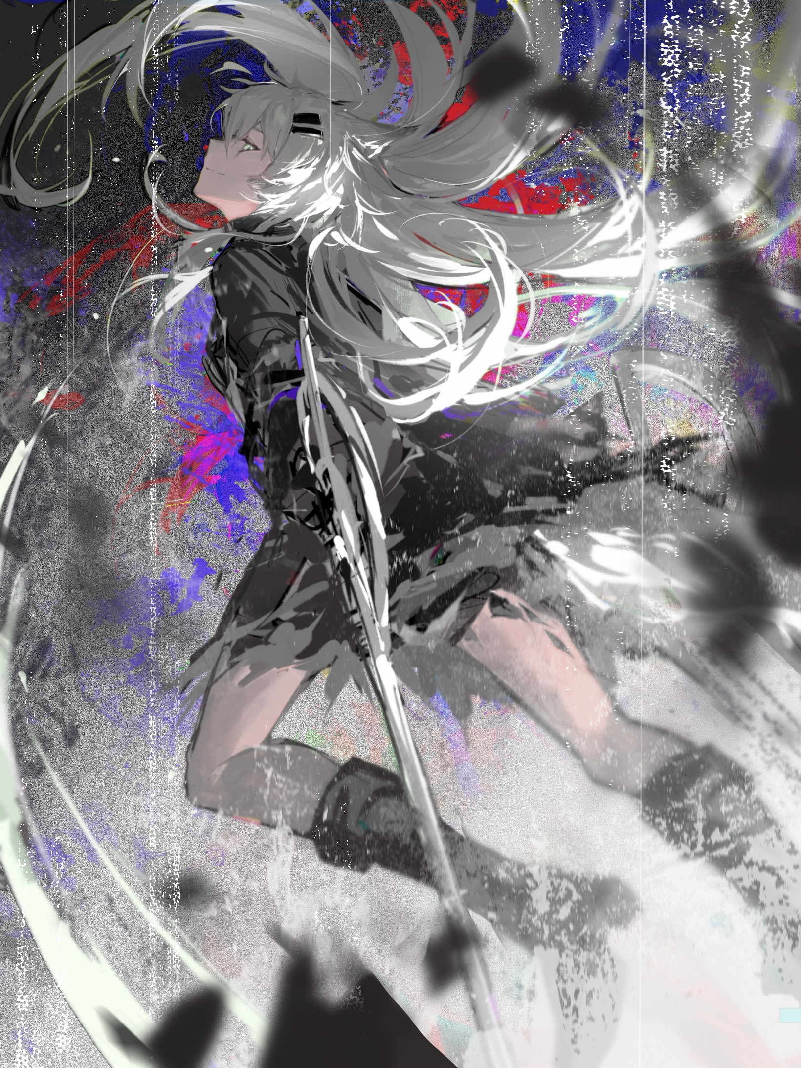 second (byou), lappland (arknights), arknights, chinese commentary, commentary request, highres, 1girl, animal ears, black boots, black coat, boots, closed mouth, coat, dual wielding, dynamic pose, green eyes, hair ornament, holding, holding sword, holding weapon, long hair, material growth, oripathy lesion (arknights), solo, sword, tail, very long hair, weapon, white hair, wolf girl