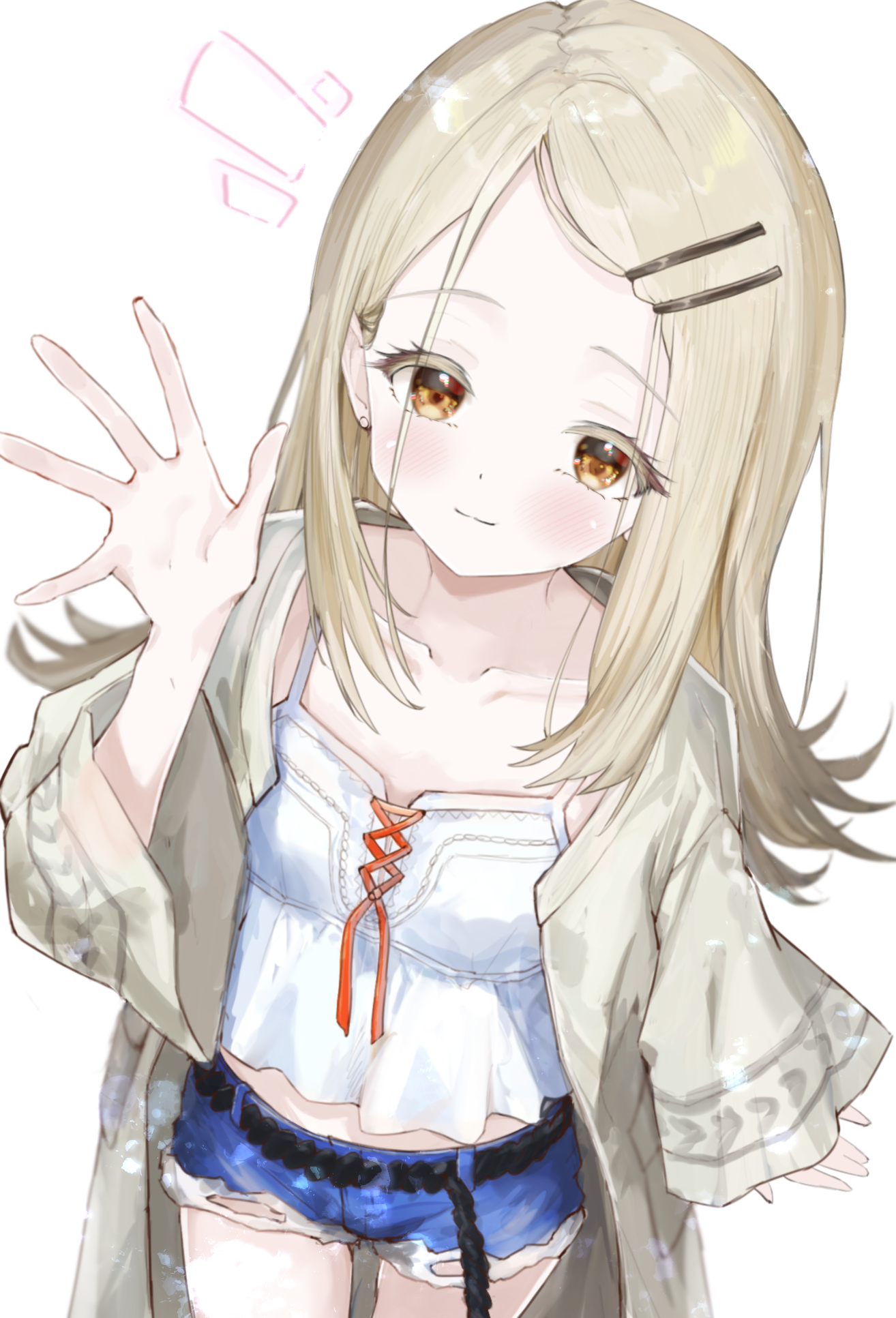phos phos, shinosawa hiro, gakuen idolmaster, idolmaster, commentary, highres, 1girl, blonde hair, blush, camisole, collarbone, colored eyelashes, denim, denim shorts, earrings, flat chest, flipped hair, gradient hair, hand up, jewelry, long hair, looking at viewer, midriff, multicolored hair, notice lines, orange eyes, robe, rope belt, short shorts, shorts, simple background, smile, solo, stud earrings, thighs, very long hair, white background, white camisole, white robe