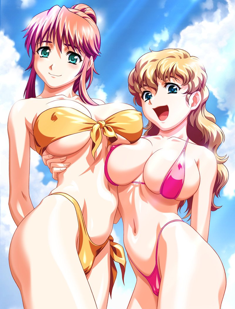 houtani yukitoshi, fukurai naho, yoshimori misaki, reversible, game cg, non-web source, 2girls, aqua eyes, bandeau, bandeau bikini, bikini, blonde hair, blue eyes, breasts, brown hair, bursting breasts, cameltoe, cleavage, cloud, covered erect nipples, day, front-tie top, highleg, highleg bikini, hug, huge breasts, large breasts, micro bikini, multiple girls, nipples, open mouth, pink hair, ponytail, sky, smile, strapless, swimsuit, tube top, underboob