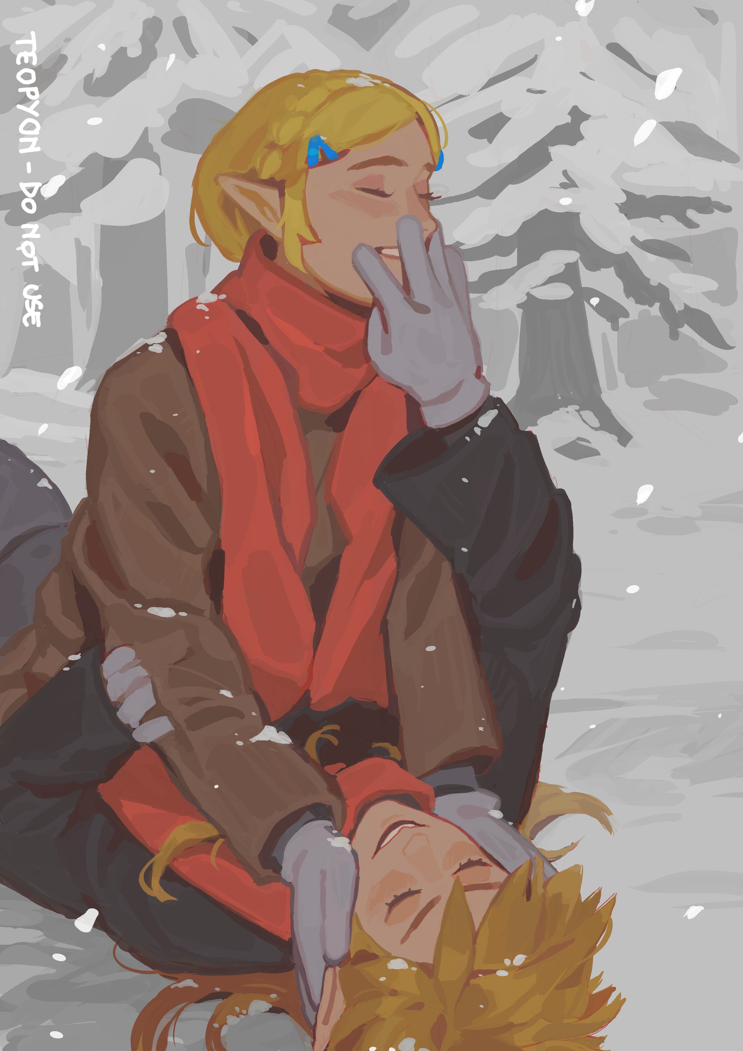 pyonteo, link, princess zelda, nintendo, the legend of zelda, the legend of zelda: tears of the kingdom, absurdres, commentary, english commentary, highres, 1boy, 1girl, artist name, bare tree, black sweater, blonde hair, blush, braid, brown sweater, closed eyes, coat, cold, couple, crown braid, cum, cum on body, day, english text, facial, forest, gloves, hair ornament, hairclip, hands on another's arms, hands on another's cheeks, hands on another's face, happy, happy facial, hetero, jewelry, long hair, long sleeves, lying on person, nature, on floor, open mouth, outdoors, pine tree, pointy ears, red scarf, scarf, short hair, smile, snow, snow on head, snow on tree, snowing, sweater, teeth, tree, upper body, winter, winter clothes, winter coat