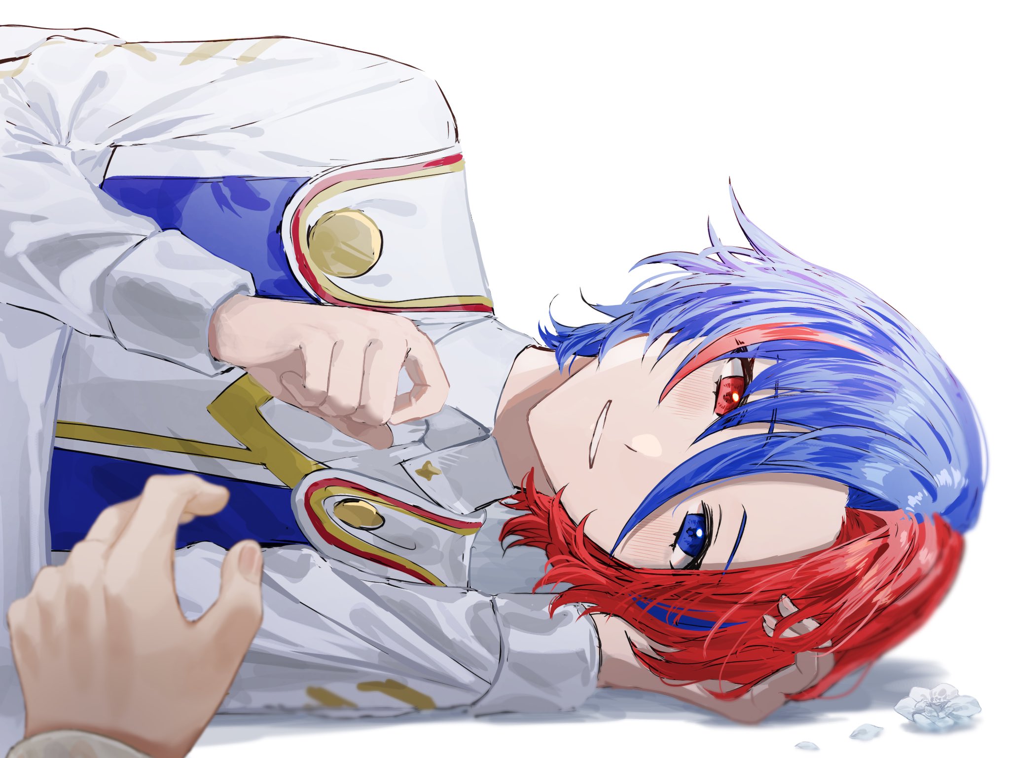 tomo shirasu, male alear (fire emblem), fire emblem, fire emblem engage, nintendo, highres, 1boy, blue eyes, blue hair, crossed bangs, hair between eyes, heterochromia, looking at viewer, male focus, multicolored hair, pov, prince, red eyes, red hair, short hair, smile, split-color hair, two-tone hair