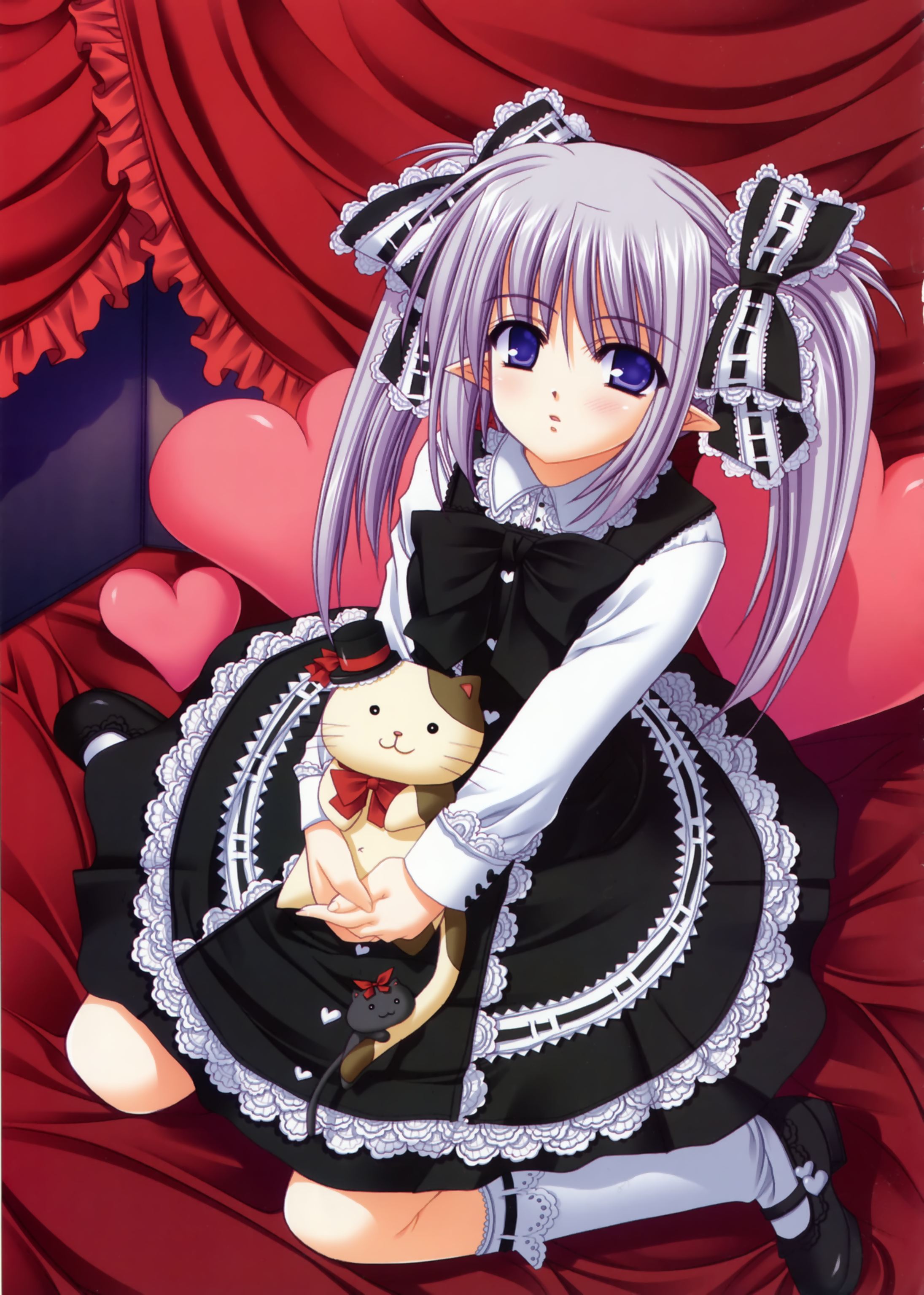 nishimata aoi, primula, shuffle!, absurdres, highres, non-web source, official art, 00s, 1girl, blue eyes, female focus, goth fashion, gothic lolita, grey hair, heart, lolita fashion, long hair, mary janes, ribbon, shoes, solo, stuffed animal, stuffed cat, stuffed toy, twintails