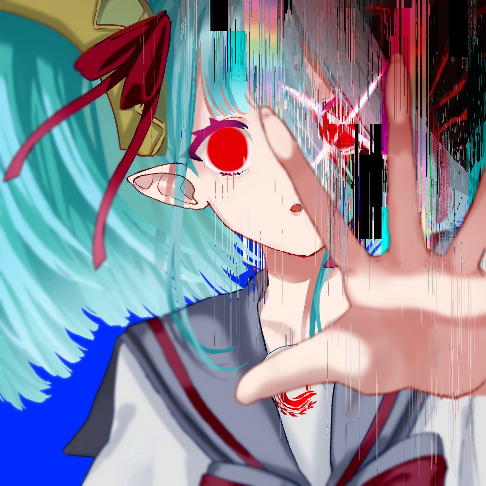 uzu asc, larva tiamat (fate), tiamat (fate), fate/grand order, fate (series), commentary request, 1girl, :o, aqua hair, blue background, chaldea logo, dragon horns, grey sailor collar, hair ribbon, horns, larva tiamat (swimsuit archer) (second ascension) (fate), looking at viewer, pointy ears, reaching, reaching towards viewer, red eyes, red ribbon, ribbon, sailor collar, school uniform, shirt, simple background, solo, white shirt, yandere