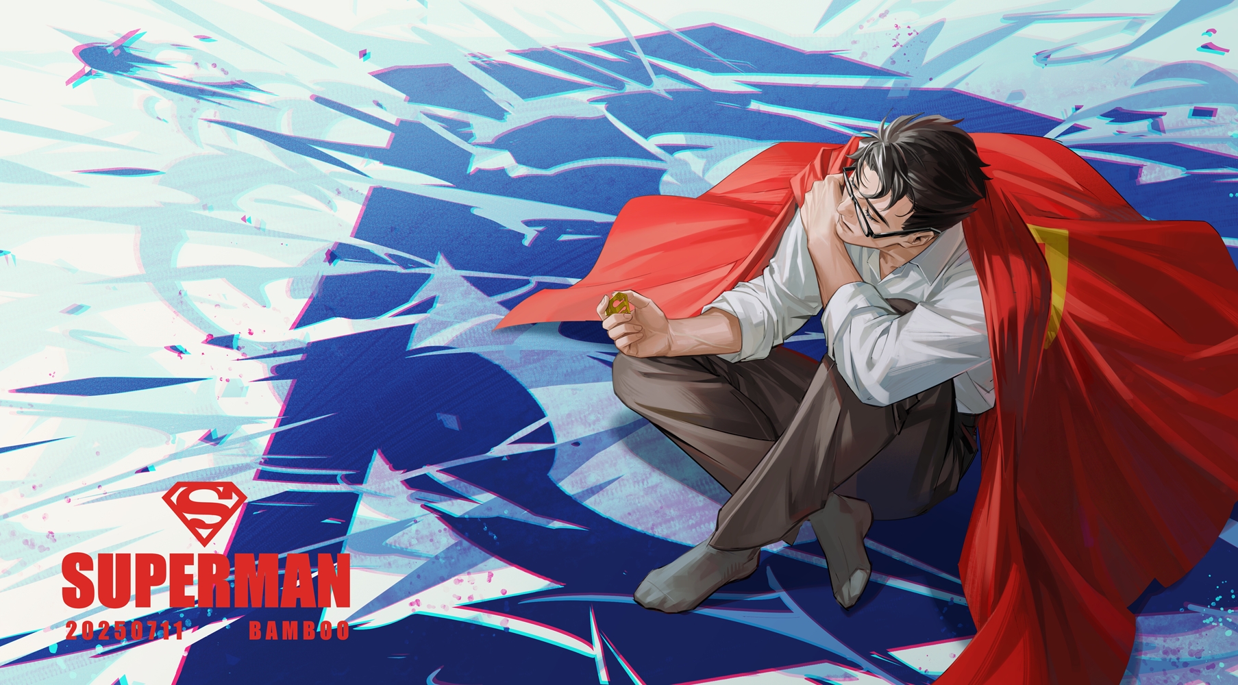 burn (515123013), clark kent, superman, dc comics, superman (series), commentary, english commentary, highres, 1boy, black-framed eyewear, black hair, black pants, cape, cape grab, character name, closed eyes, clothes grab, collared shirt, dated, glasses, grey socks, hand on own shoulder, holding, knee up, male focus, pants, red cape, shirt, sitting, sleeve cuffs, socks, solo, superman logo, white shirt, wing collar