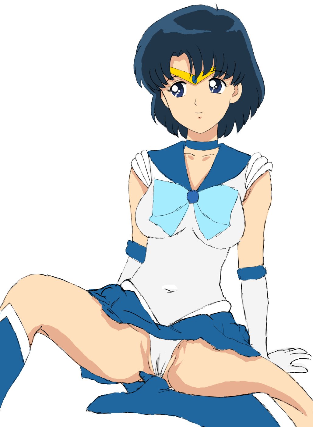 tsukiyo no ribbon, mizuno ami, sailor mercury, bishoujo senshi sailor moon, highres, 1990s (style), 1girl, blue boots, blue eyes, blue hair, blue sailor collar, blue skirt, boots, choker, earrings, elbow gloves, female focus, gloves, jewelry, knee boots, magical girl, matching hair/eyes, panties, pantyshot, retro artstyle, sailor collar, short hair, skirt, solo, spread legs, tiara, underwear, upskirt, white background, white gloves, white panties