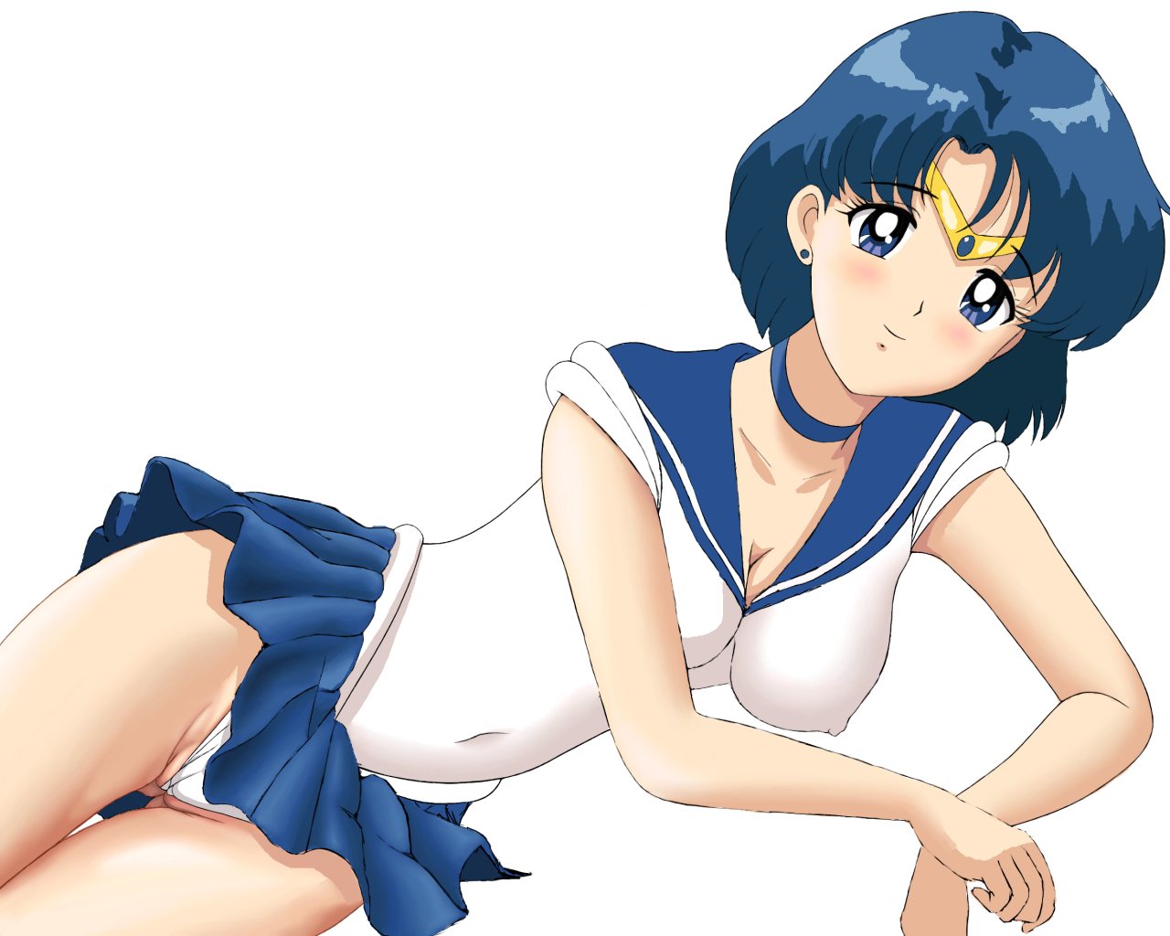 tsukiyo no ribbon, mizuno ami, sailor mercury, bishoujo senshi sailor moon, 1990s (style), 1girl, blue eyes, blue hair, blue sailor collar, blue skirt, blush, breasts, cameltoe, choker, cleavage, covered erect nipples, earrings, female focus, gluteal fold, jewelry, looking at viewer, lying, magical girl, matching hair/eyes, on side, panties, pantyshot, sailor collar, short hair, skirt, solo, tiara, underwear, white background