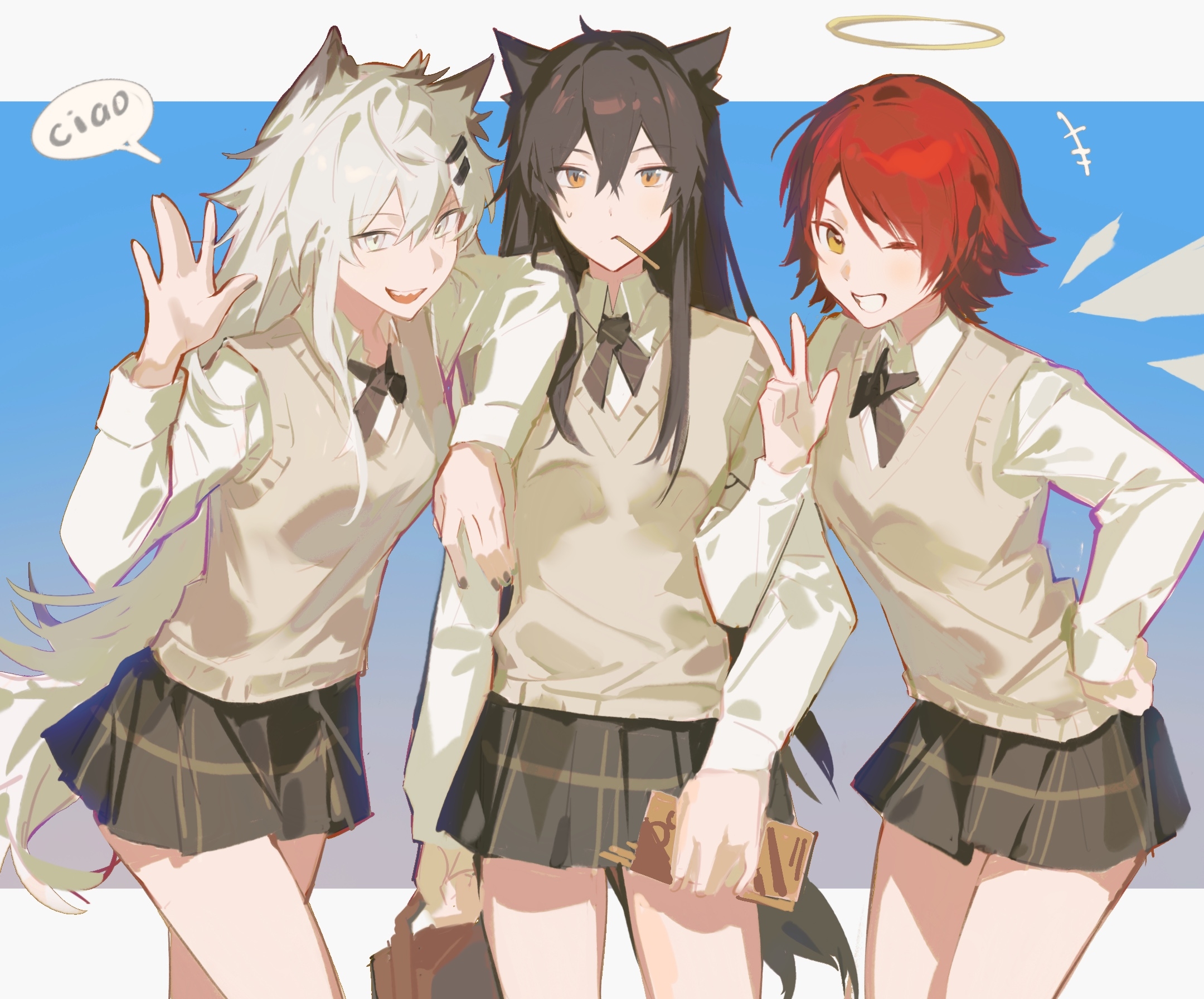 second (byou), exusiai (arknights), lappland (arknights), texas (arknights), arknights, highres, 3girls, :d, ;d, alternate costume, animal ears, arm on another's shoulder, black hair, black skirt, collared shirt, cowboy shot, detached wings, food, food in mouth, grey sweater vest, grin, group picture, hair between eyes, hair ornament, hairclip, halo, hand on own hip, holding, long hair, long sleeves, looking at viewer, miniskirt, mouth hold, multiple girls, one eye closed, open mouth, pocky, pocky in mouth, red hair, school uniform, shirt, short hair, skirt, smile, speech bubble, standing, sweatdrop, sweater vest, traditional halo, w, waving, white eyes, white hair, white shirt, wings, wolf ears, wolf girl, yellow eyes, yellow halo