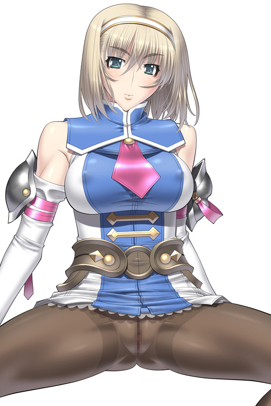 kansuke, cassandra alexandra, soul calibur, soulcalibur, soulcalibur ii, 1girl, blonde hair, breasts, censored, elbow gloves, female focus, gloves, green eyes, large breasts, miniskirt, necktie, nipples, pantyhose, pink necktie, short hair, skirt, solo, spread legs