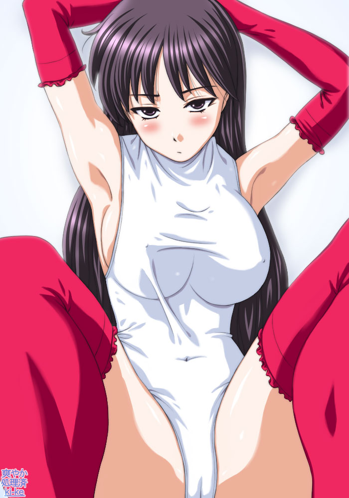 ki-ke, 1girl, bodysuit, breasts, brown eyes, cameltoe, elbow gloves, female focus, gloves, huge breasts, long hair, purple hair, pussy, solo, spread legs, thighhighs