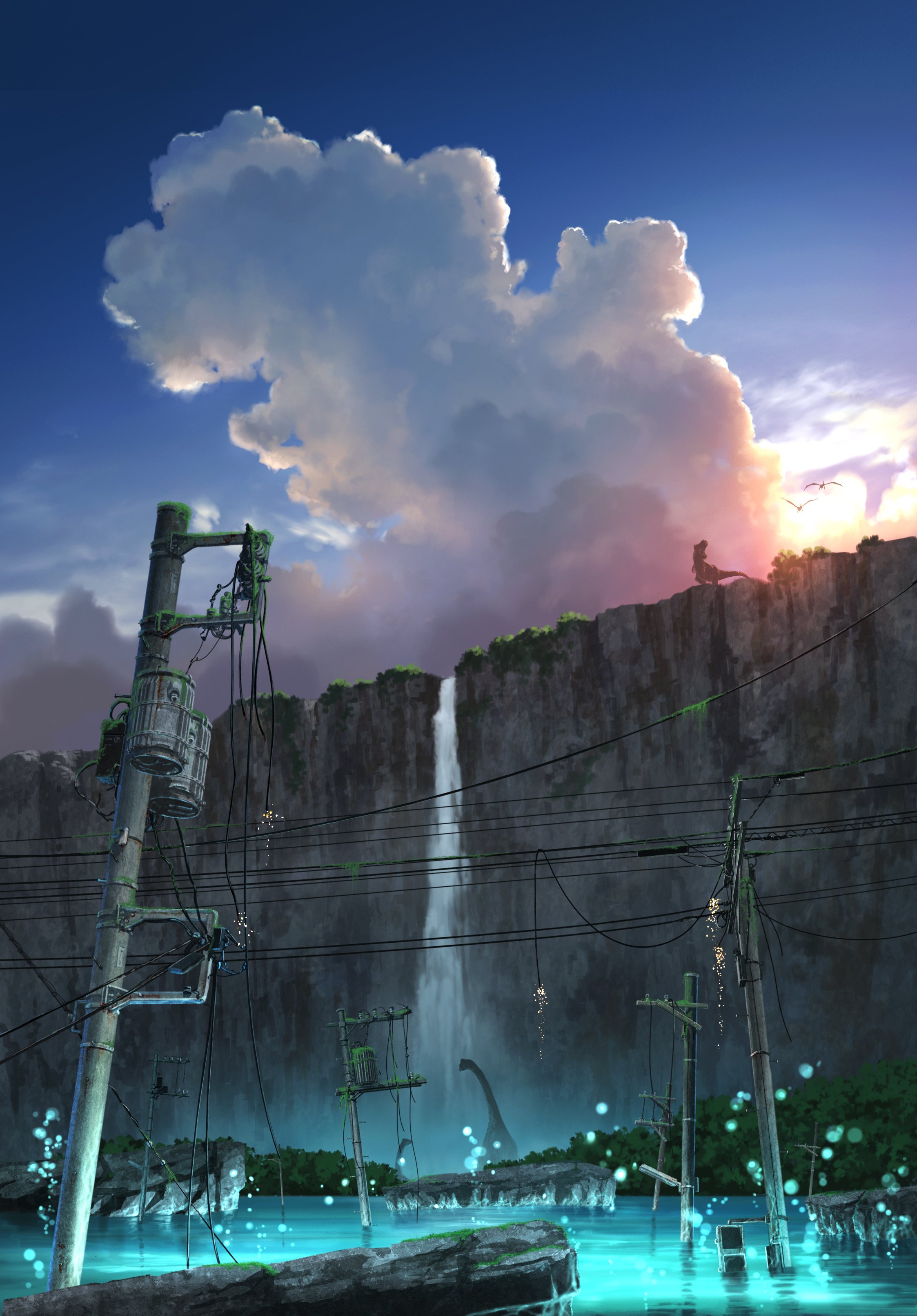 pei (sumurai), original, absurdres, commentary request, highres, blue sky, brachiosaurus, cliff, cloud, cloudy sky, cumulonimbus cloud, day, dinosaur, light particles, moss, no humans, outdoors, power lines, scenery, sky, sparks, sunlight, tyrannosaurus rex, utility pole, water, waterfall