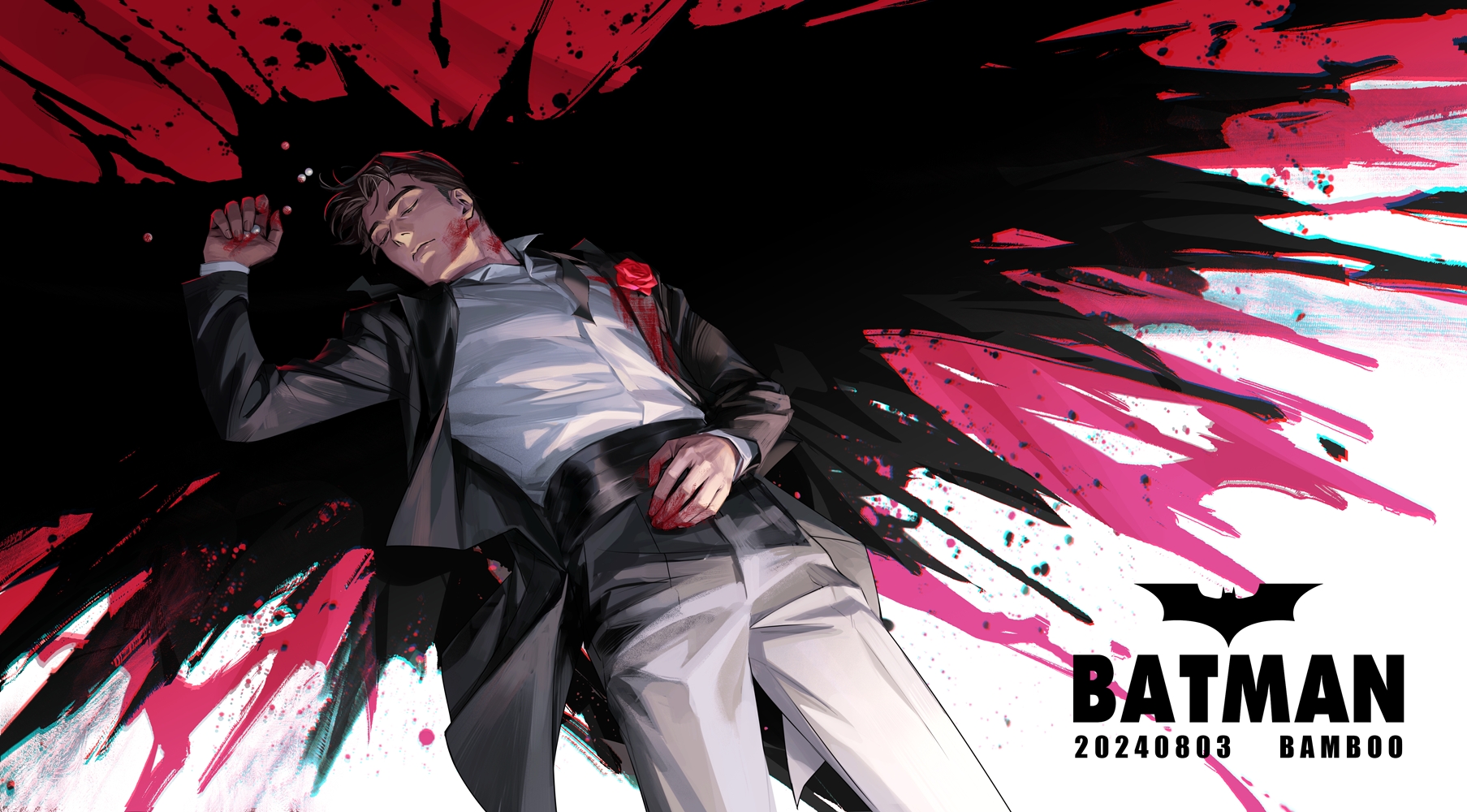 burn (515123013), batman, bruce wayne, batman (series), dc comics, commentary, english commentary, highres, 1boy, arm up, batman symbol, black hair, blood, blood on face, blood on hands, character name, closed eyes, closed mouth, collared shirt, dated, dress shirt, feet out of frame, flower, formal clothes, grey jacket, grey pants, grey suit, hand on own stomach, jacket, layered sleeves, long sleeves, lying, male focus, on back, open clothes, open jacket, pants, red flower, red rose, rose, shirt, shirt tucked in, short hair, solo, suit, suit jacket, white shirt, wing collar