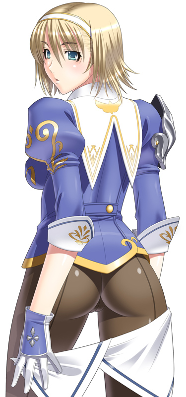 kansuke, cassandra alexandra, soul calibur, soulcalibur, soulcalibur iii, 1girl, ass, blonde hair, female focus, gloves, green eyes, hairband, pantyhose, short hair, solo, undressing