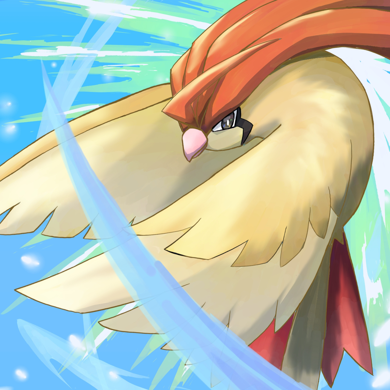 pidgeotto, nintendo, pokemon, highres, bird, black eyes, flapping, flying, gen 1 pokemon, no humans, outdoors, pokemon (creature), solo