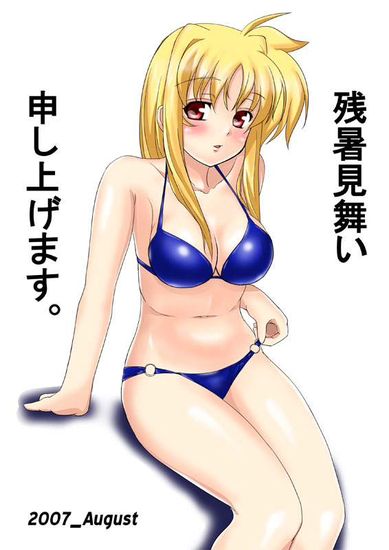 nagii, fate testarossa, lyrical nanoha, mahou shoujo lyrical nanoha, mahou shoujo lyrical nanoha strikers, 00s, bikini, blonde hair, blue bikini, blush, long hair, o-ring, o-ring bikini, o-ring bottom, red eyes, solo, swimsuit
